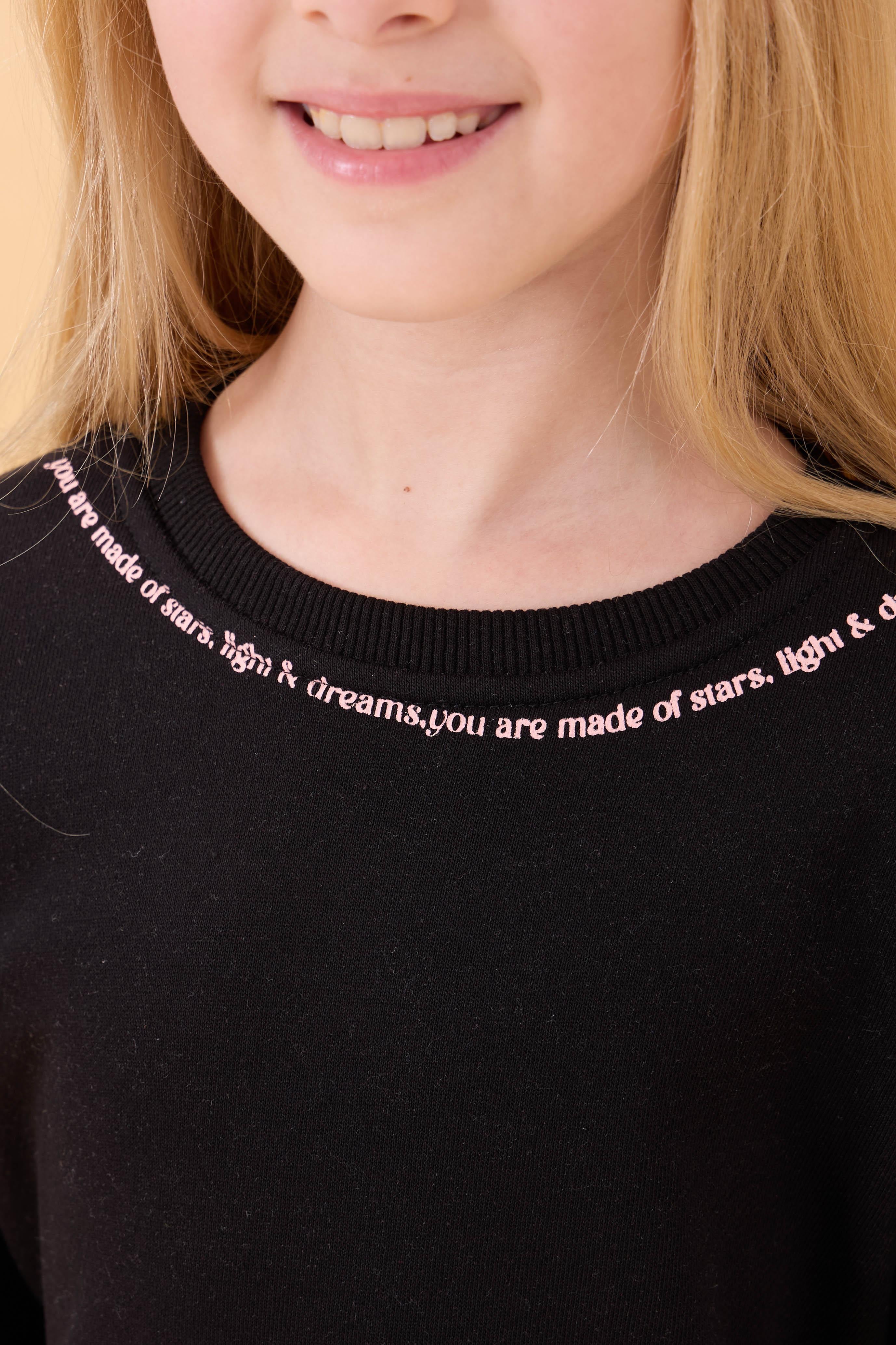 Kız Çocuk Baskılı Bisiklet Yaka Mevsimlik Sweatshirt Siyah