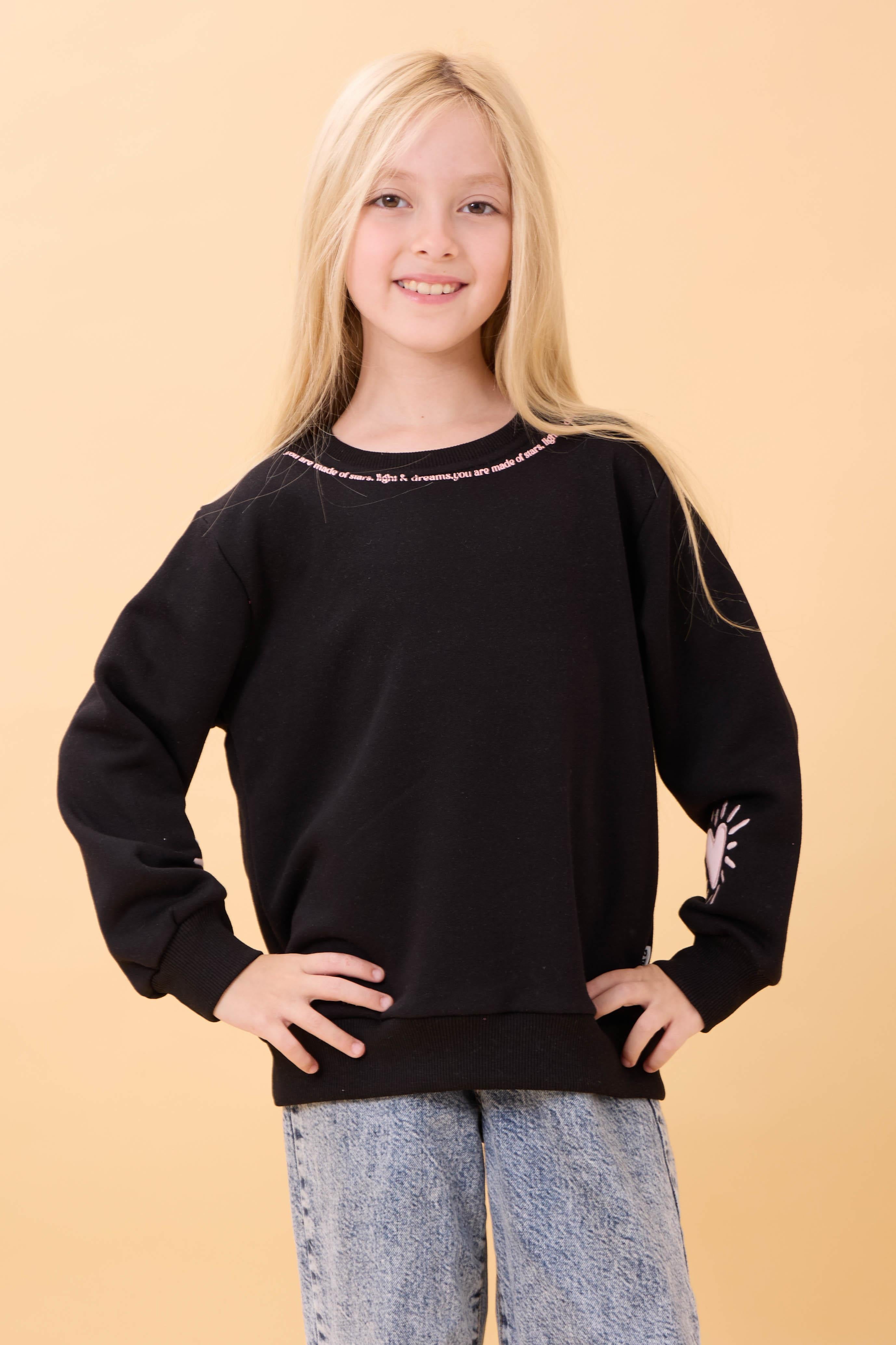 Kız Çocuk Baskılı Bisiklet Yaka Mevsimlik Sweatshirt Siyah
