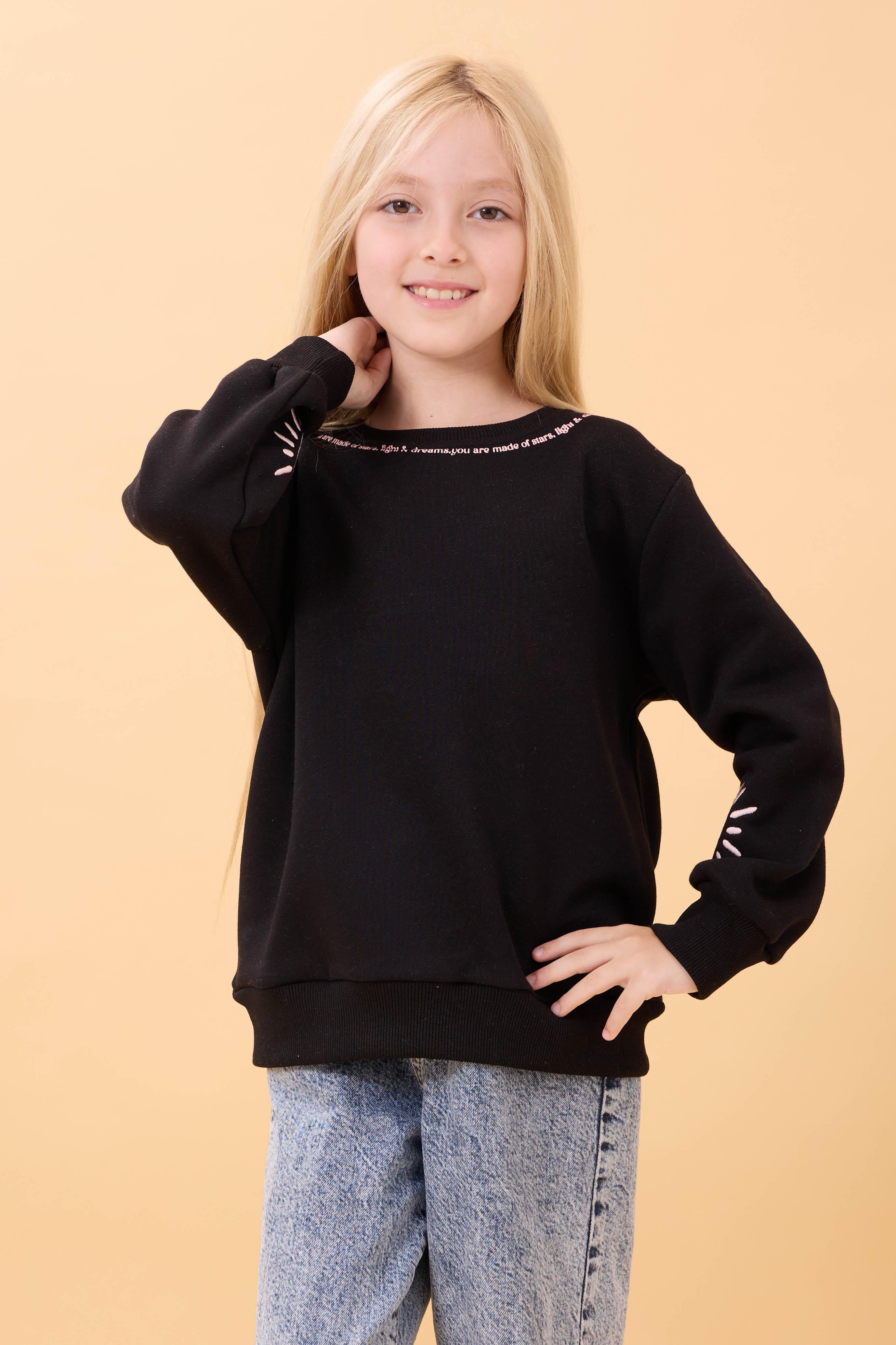 Kız Çocuk Baskılı Bisiklet Yaka Mevsimlik Sweatshirt Siyah