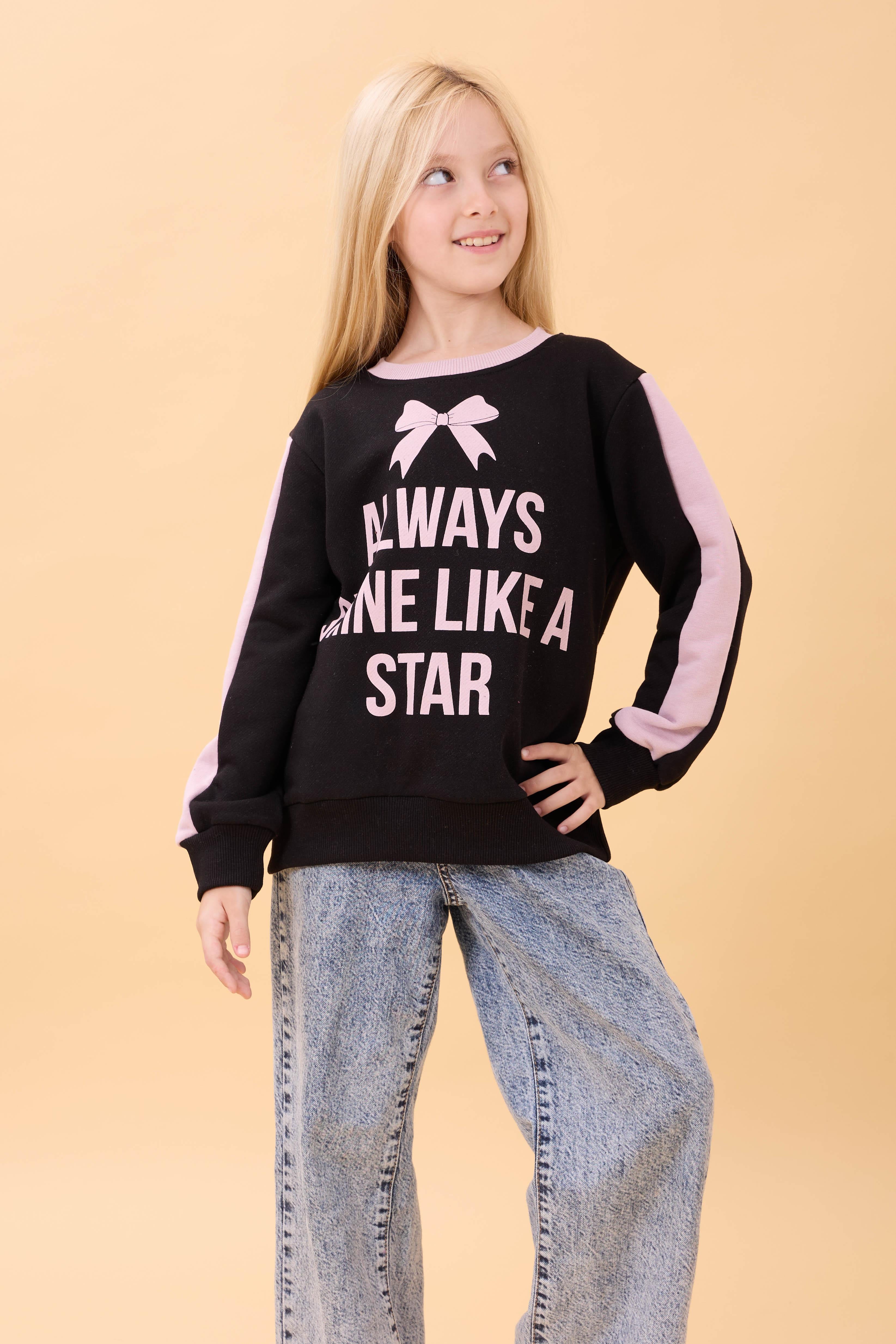 Kız Çocuk Baskılı Bisiklet Yaka Mevsimlik Sweatshirt Siyah