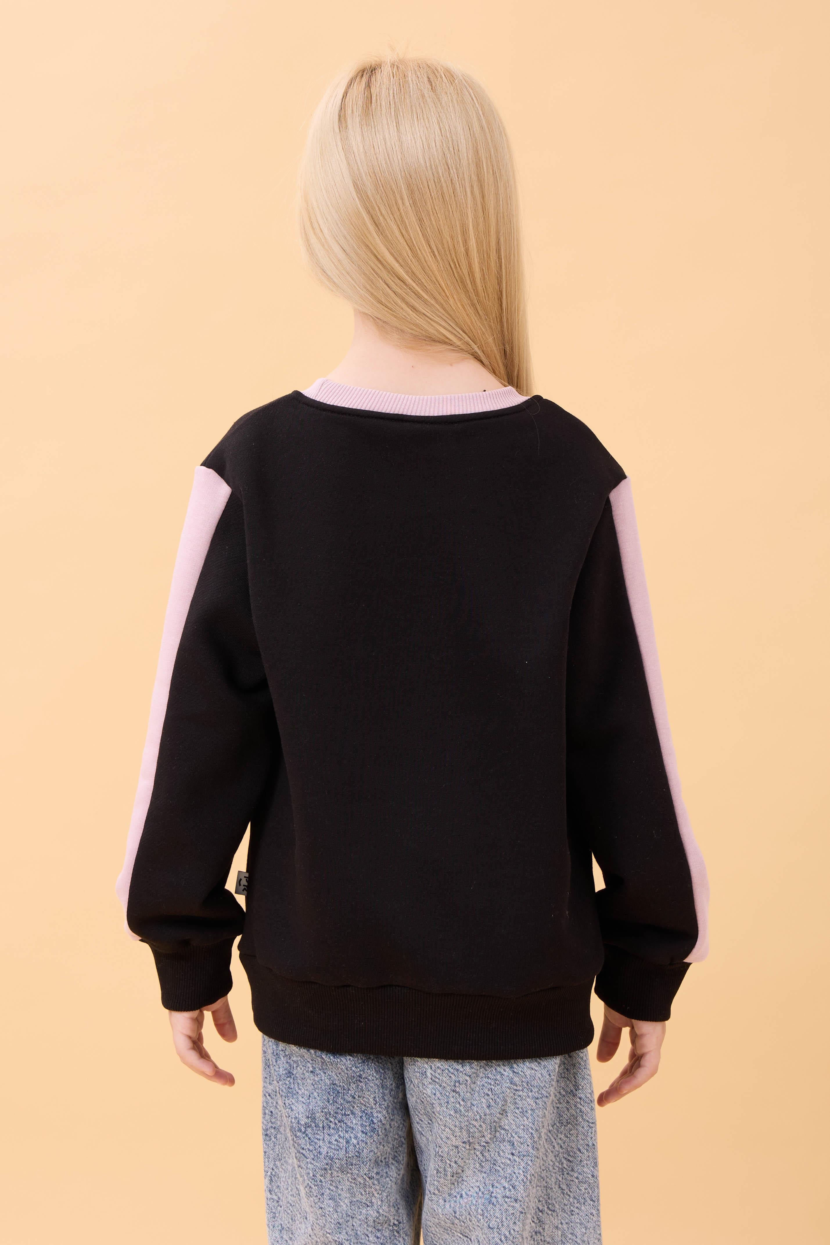 Kız Çocuk Baskılı Bisiklet Yaka Mevsimlik Sweatshirt Siyah