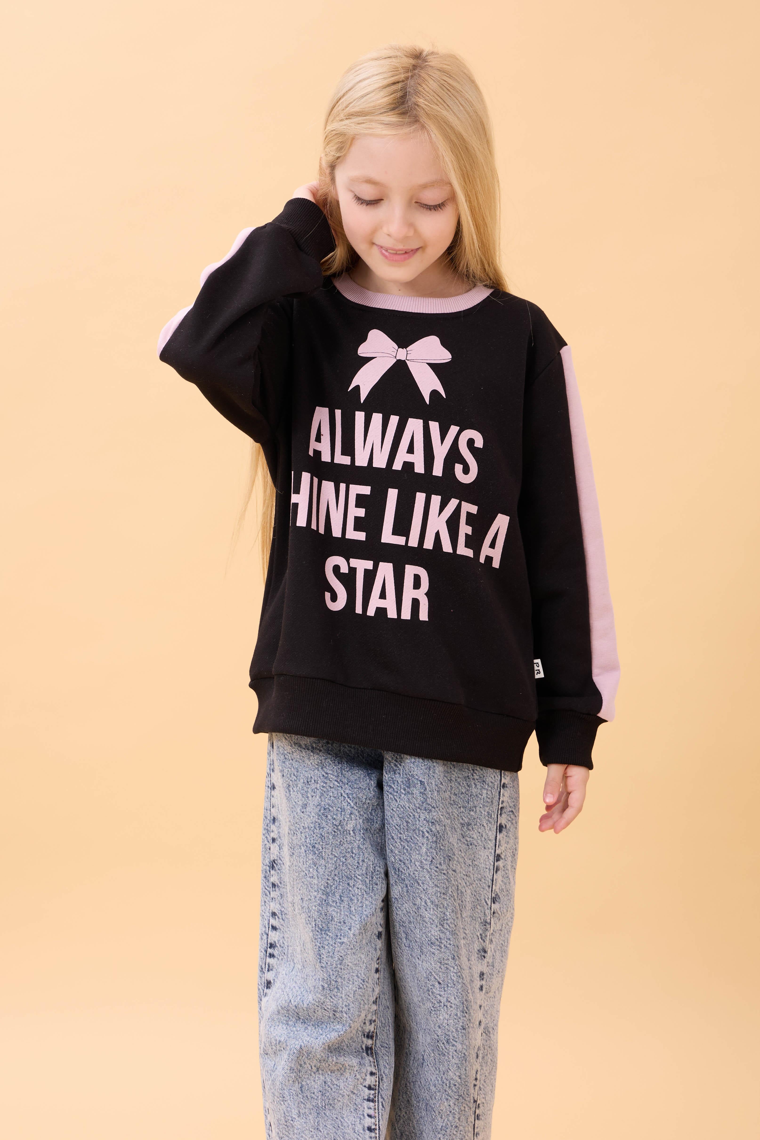 Kız Çocuk Baskılı Bisiklet Yaka Mevsimlik Sweatshirt Siyah