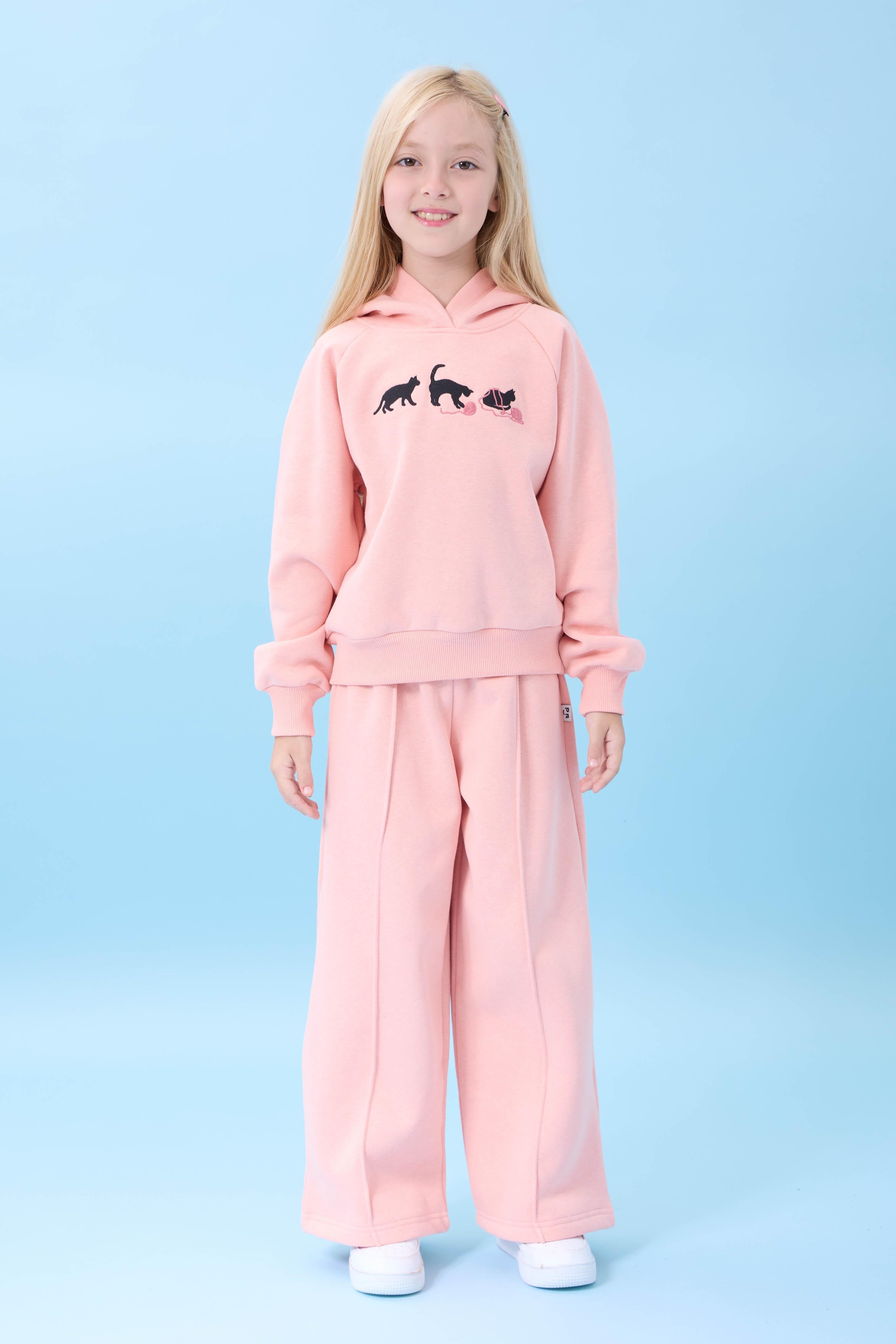 Kız Çocuk Kapüşonlu İçi Polarlı Kedi Nakışlı Şardonlu Kışlık Takım