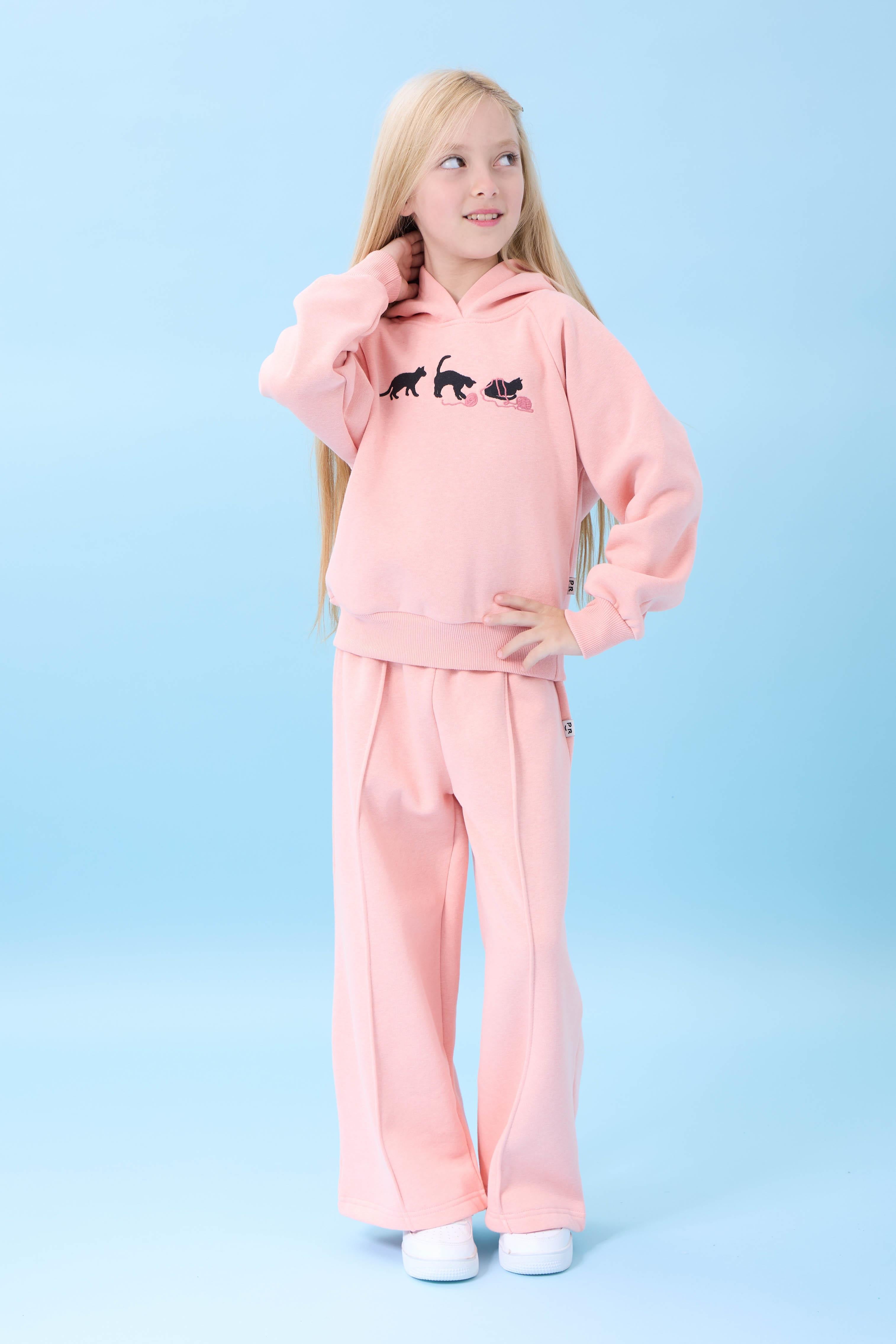 Kız Çocuk Kapüşonlu İçi Polarlı Kedi Nakışlı Şardonlu Kışlık Takım