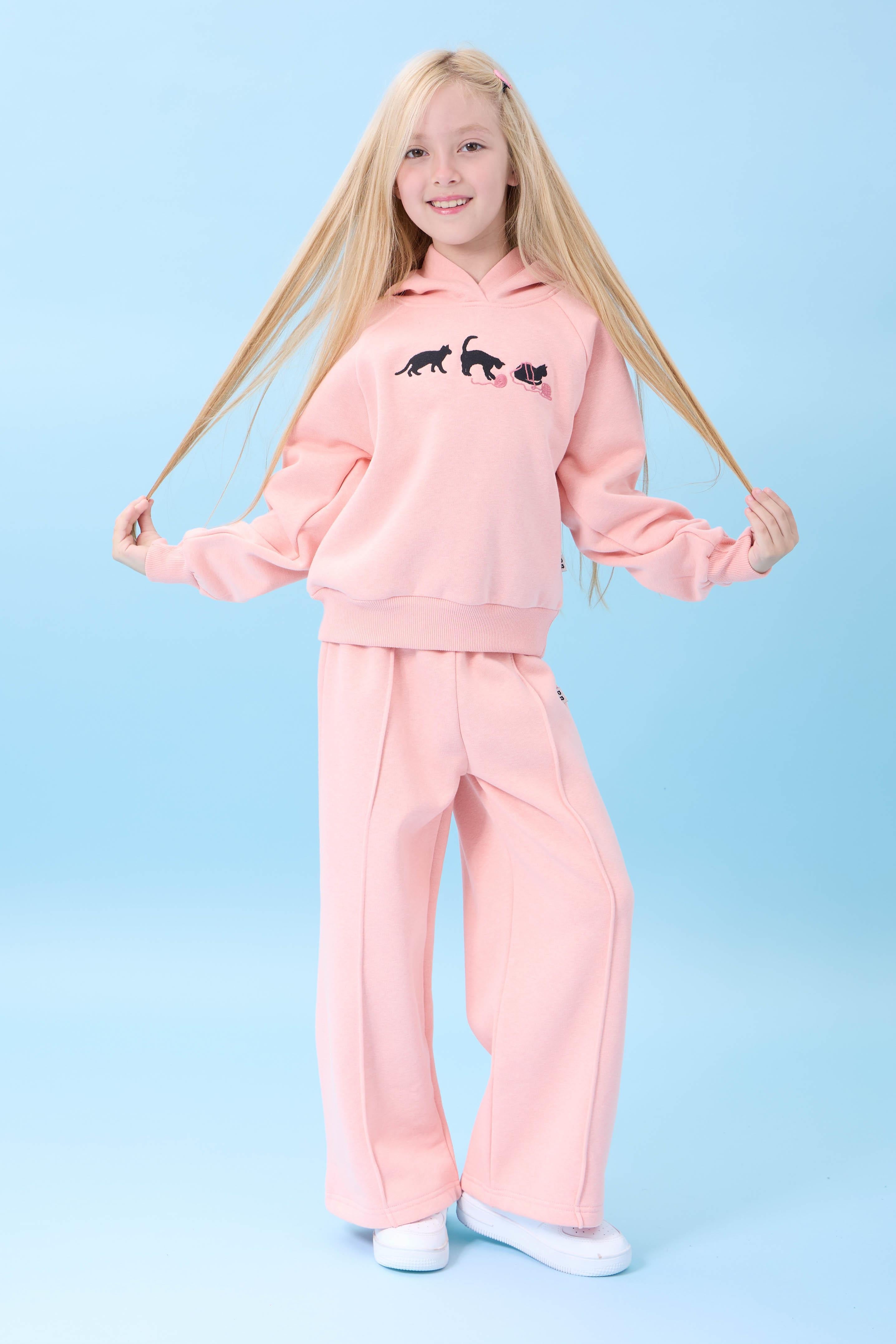 Kız Çocuk Kapüşonlu İçi Polarlı Kedi Nakışlı Şardonlu Kışlık Takım