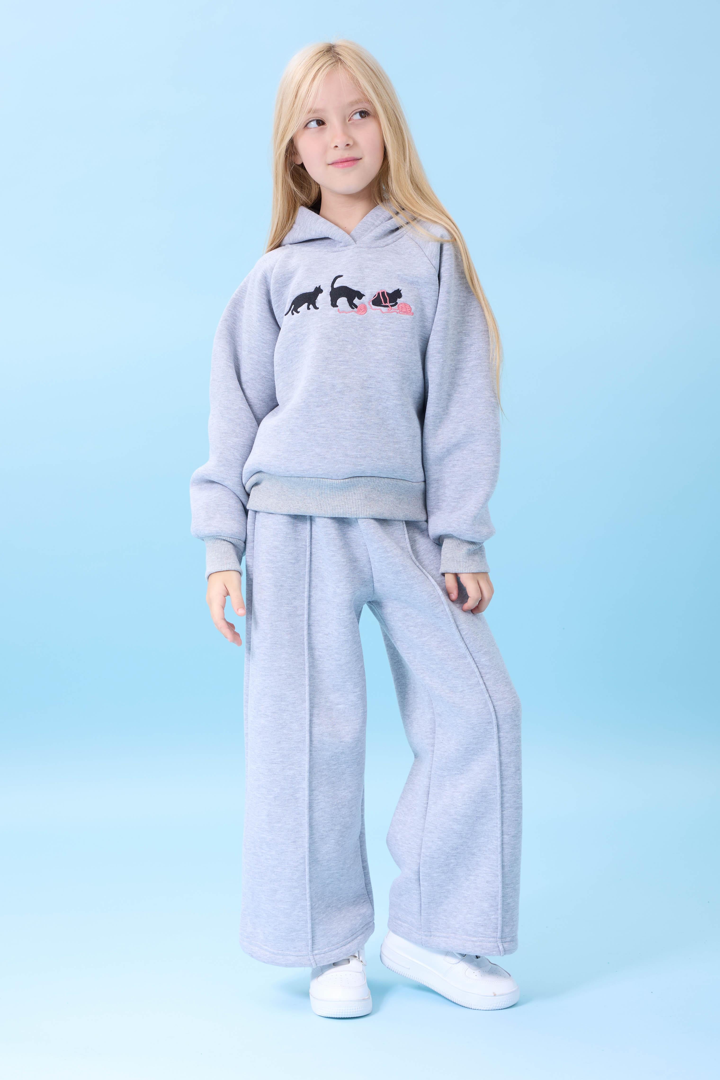 Kız Çocuk Kapüşonlu İçi Polarlı Kedi Nakışlı Şardonlu Kışlık Takım