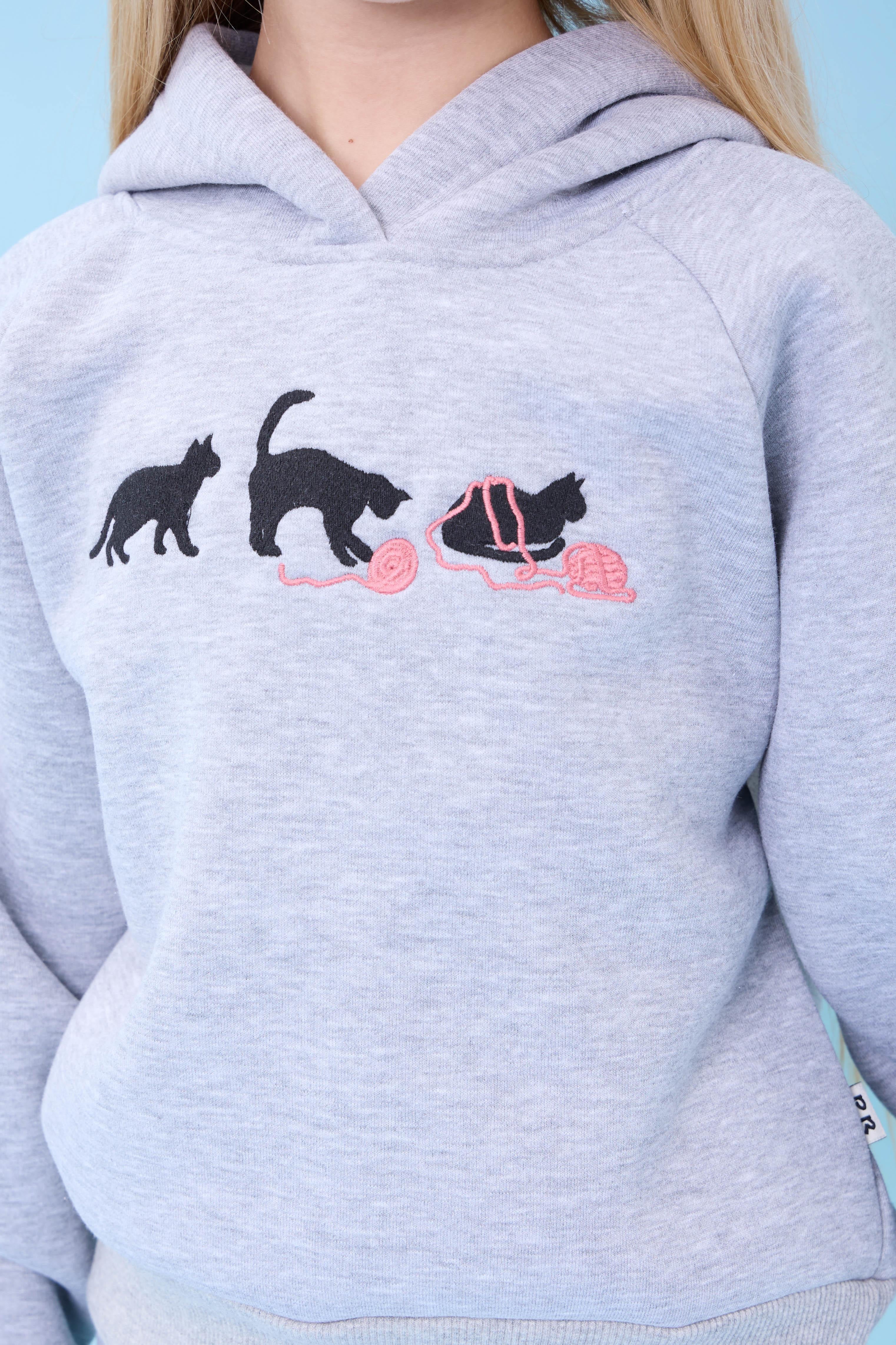 Kız Çocuk Kapüşonlu İçi Polarlı Kedi Nakışlı Şardonlu Kışlık Takım