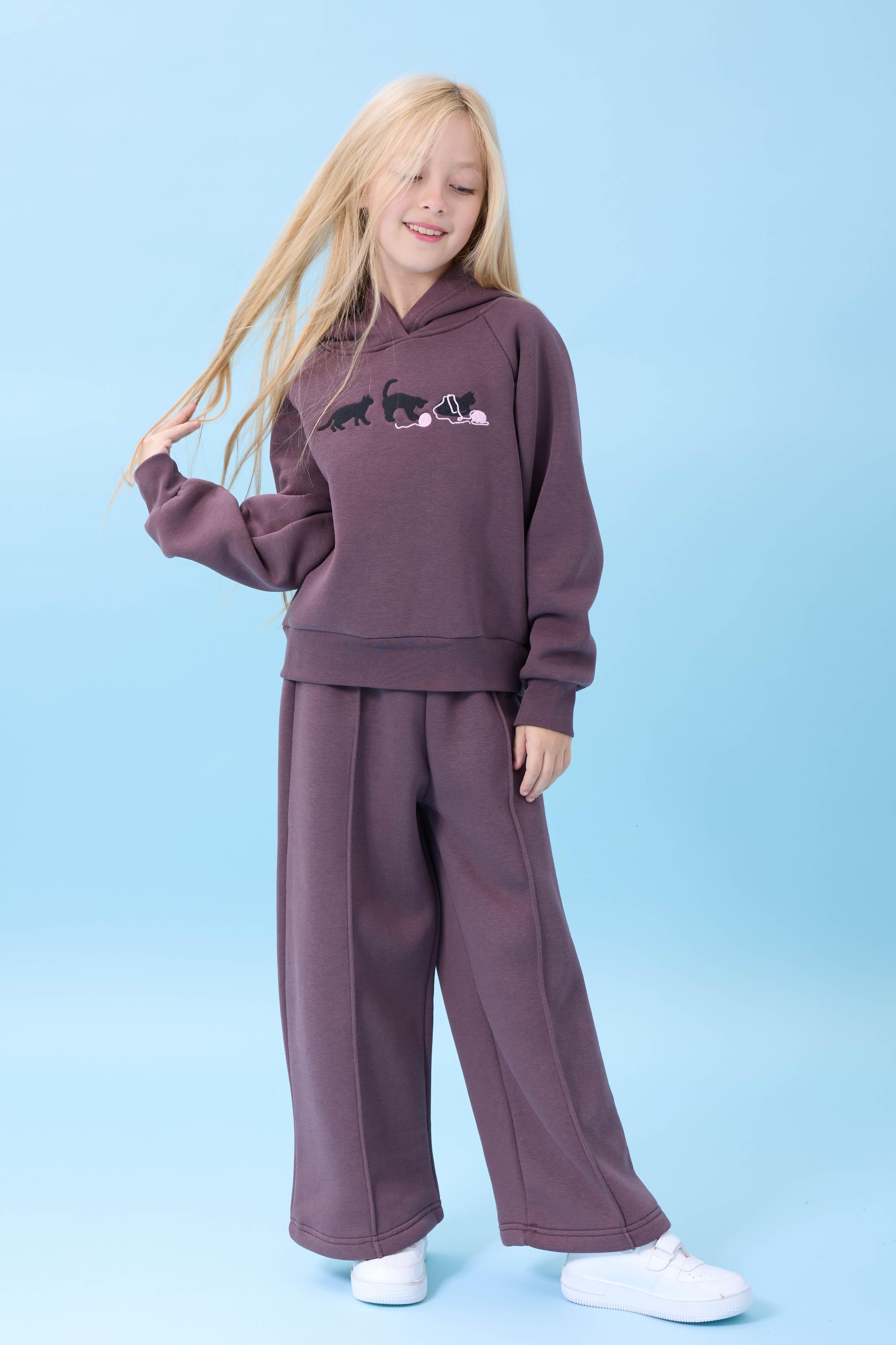 Kız Çocuk Kapüşonlu İçi Polarlı Kedi Nakışlı Şardonlu Kışlık Takım