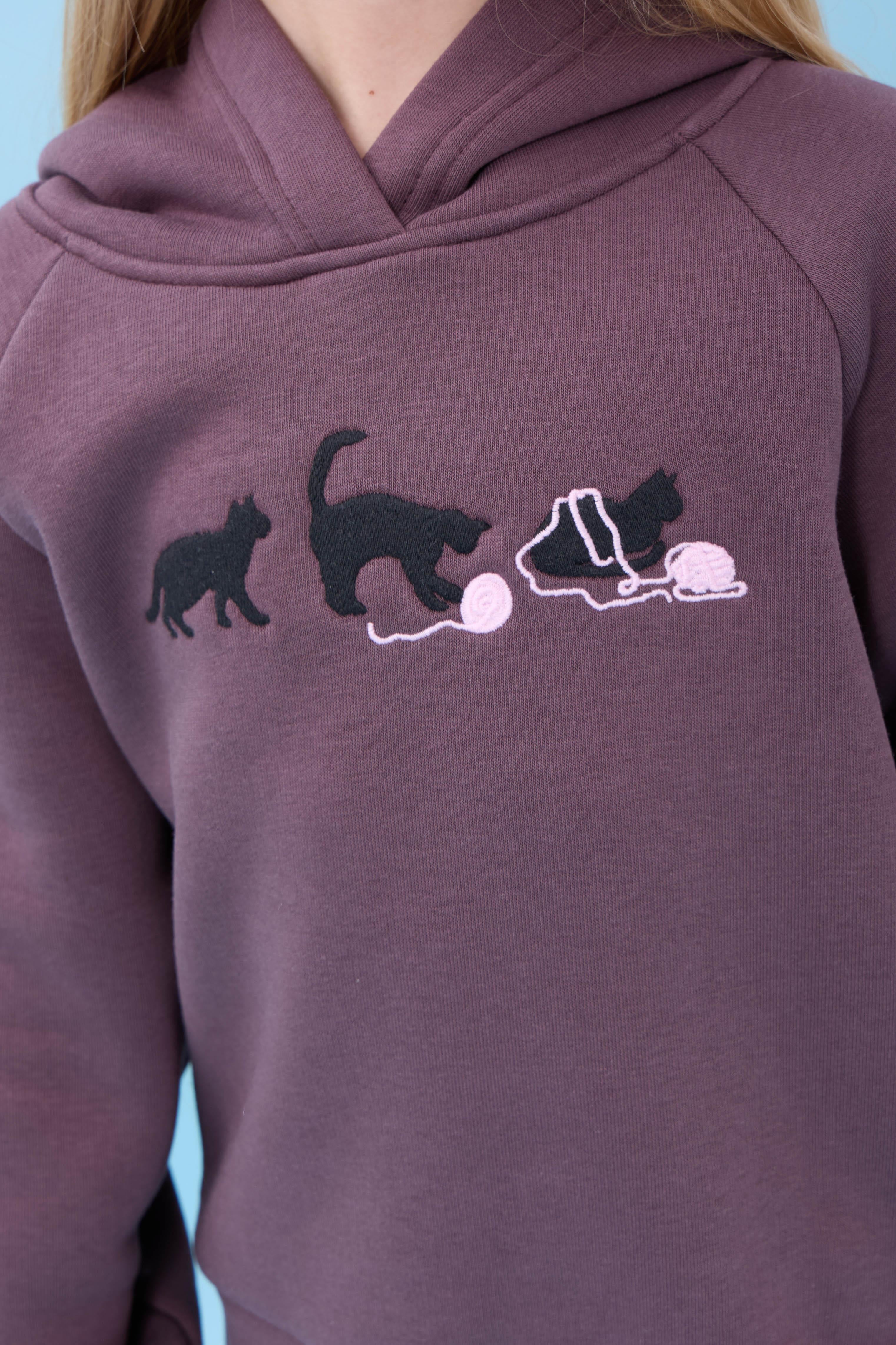 Kız Çocuk Kapüşonlu İçi Polarlı Kedi Nakışlı Şardonlu Kışlık Takım