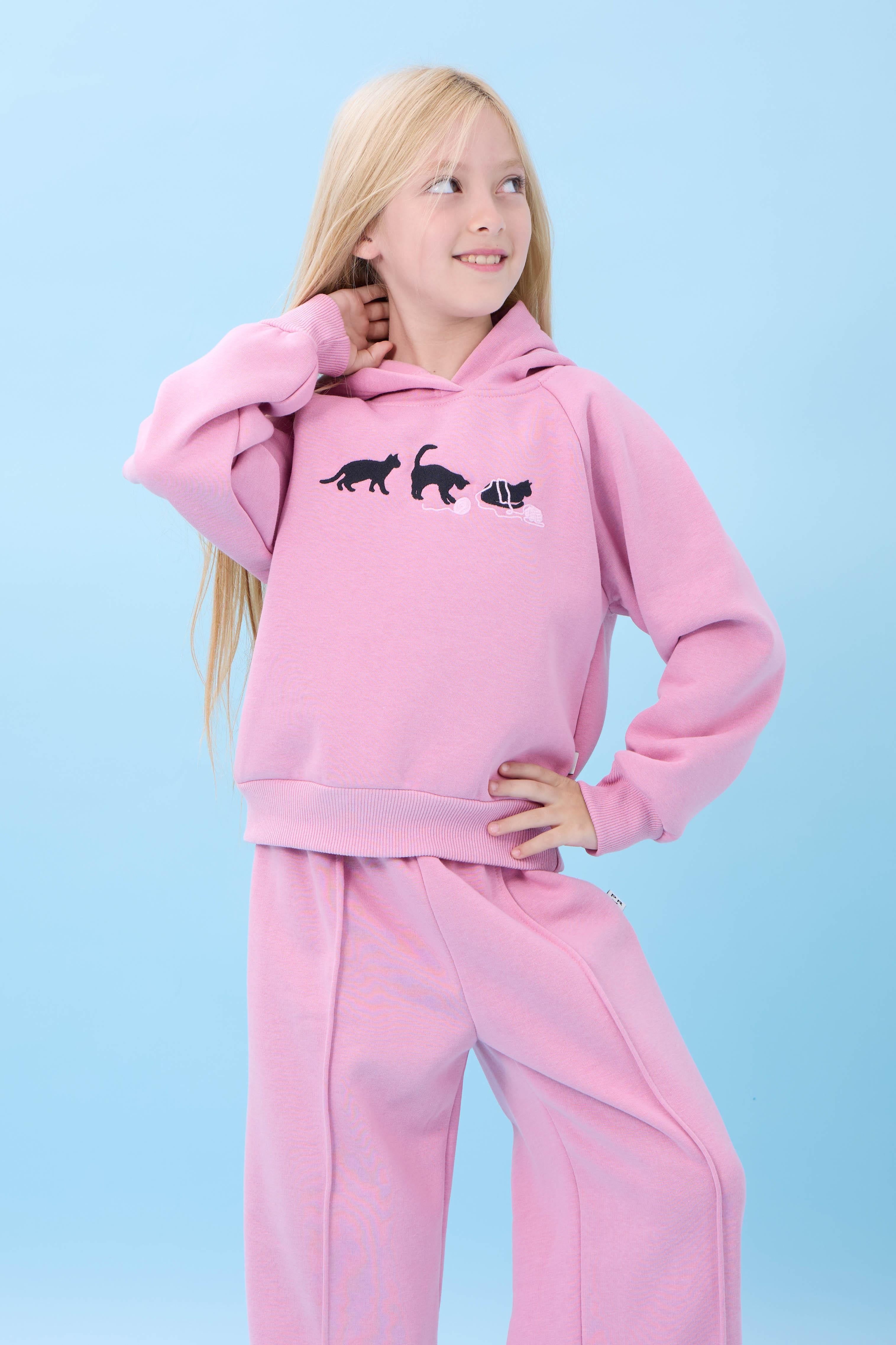 Kız Çocuk Kapüşonlu İçi Polarlı Kedi Nakışlı Şardonlu Kışlık Takım