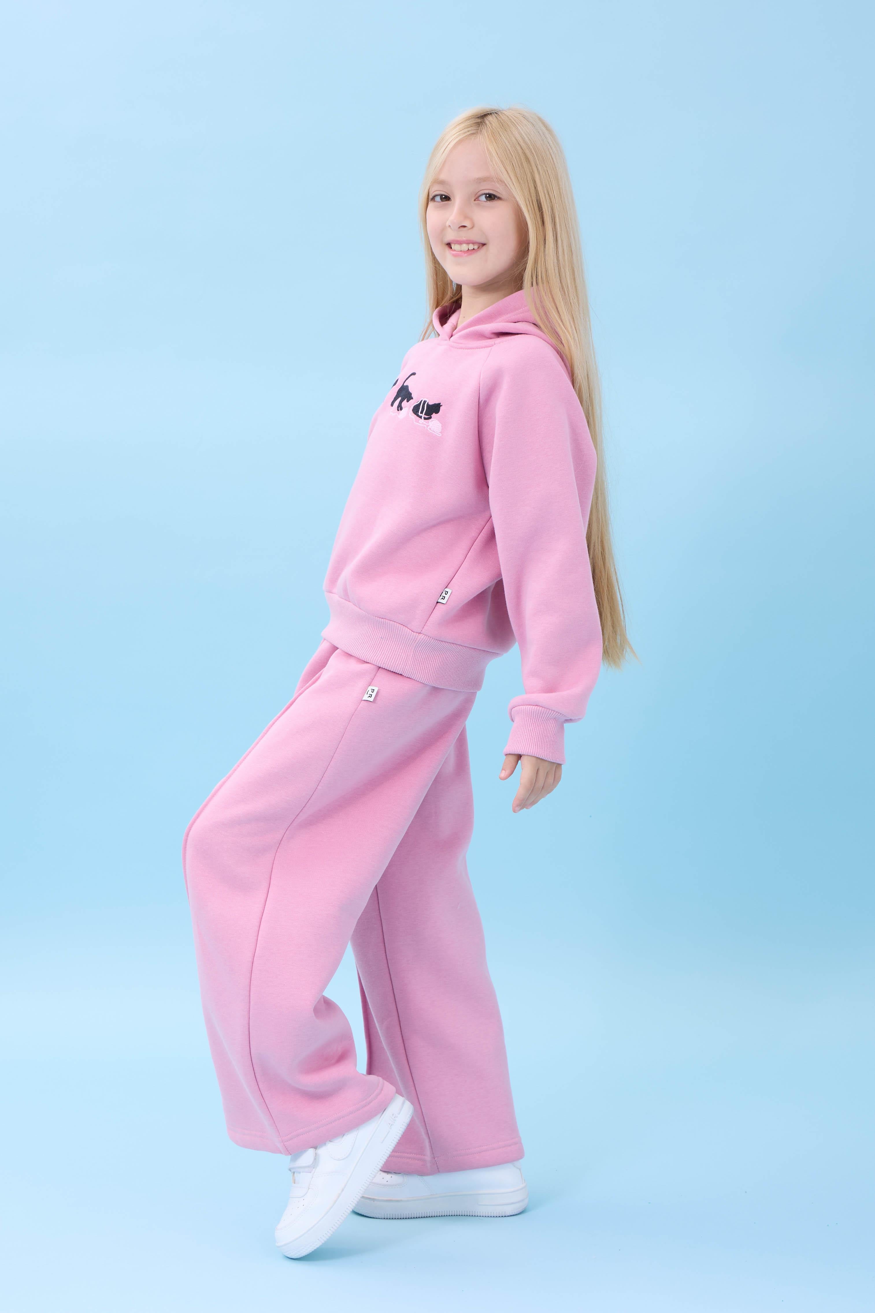 Kız Çocuk Kapüşonlu İçi Polarlı Kedi Nakışlı Şardonlu Kışlık Takım