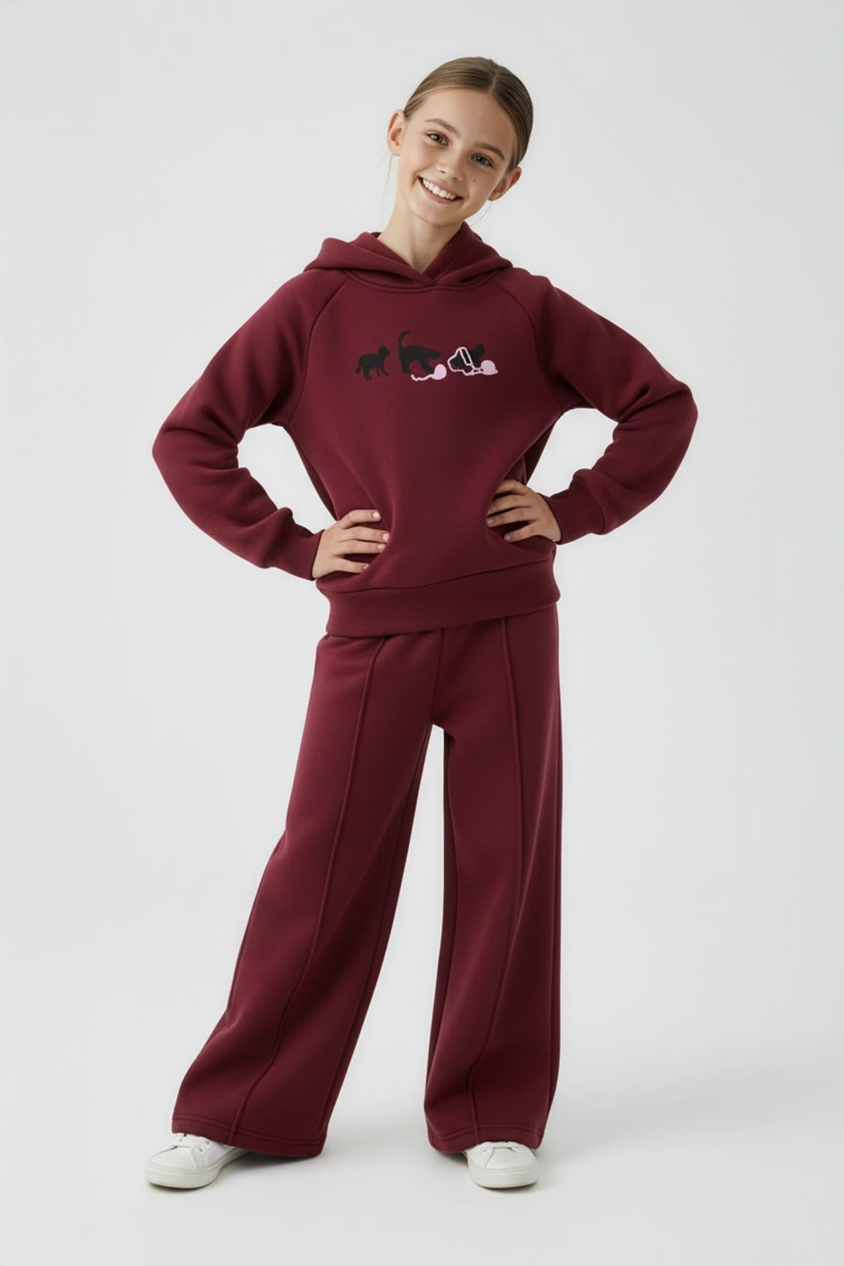 Kız Çocuk Kapüşonlu İçi Polarlı Kedi Nakışlı Şardonlu Kışlık Takım Bordo