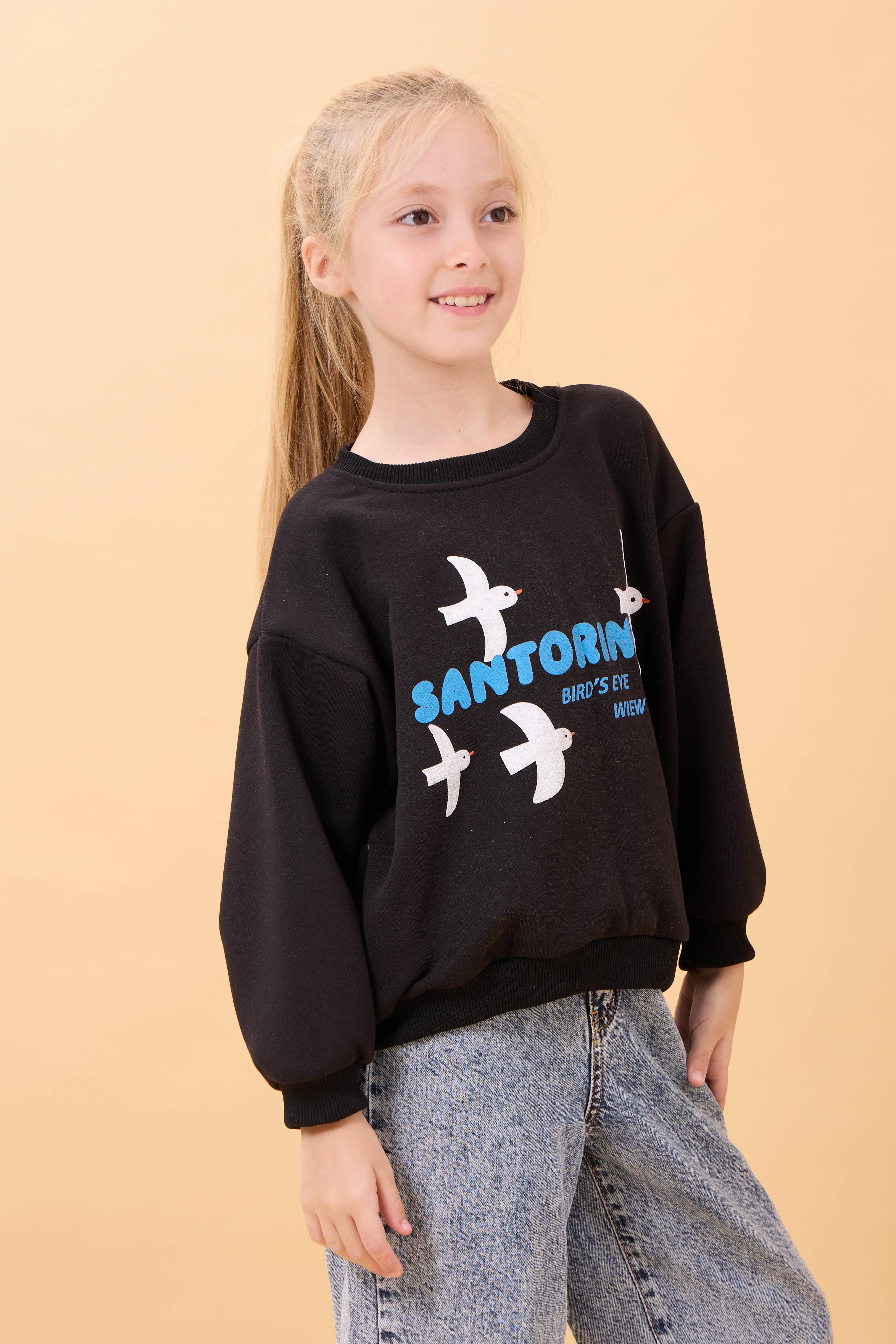 Kız Çocuk Oversize Santorini Baskılı Mevsimlik Sweatshirt Siyah