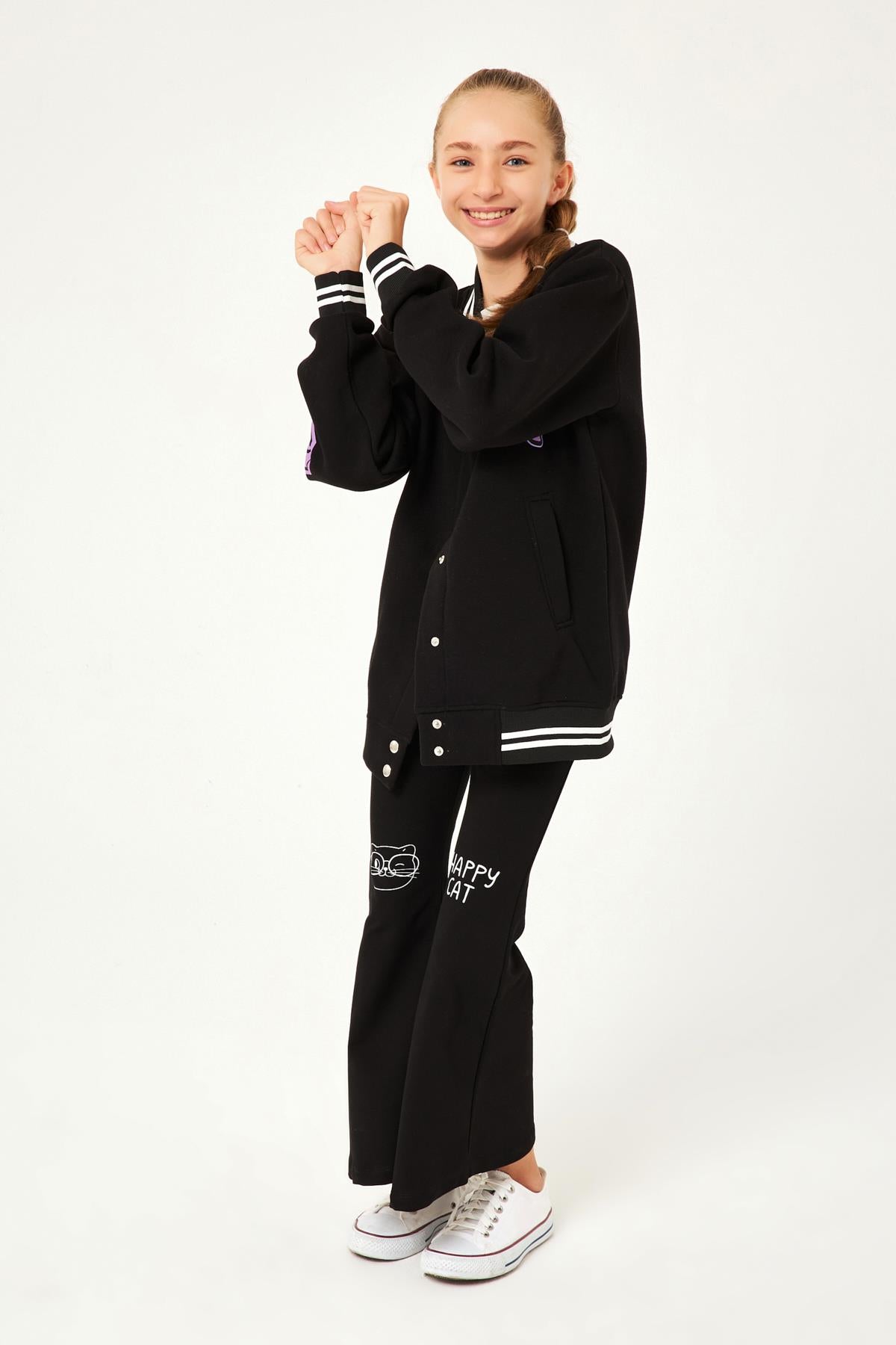 1992 Baskı Detaylı Kız Çocuk Kolej Ceket Siyah - Perendi