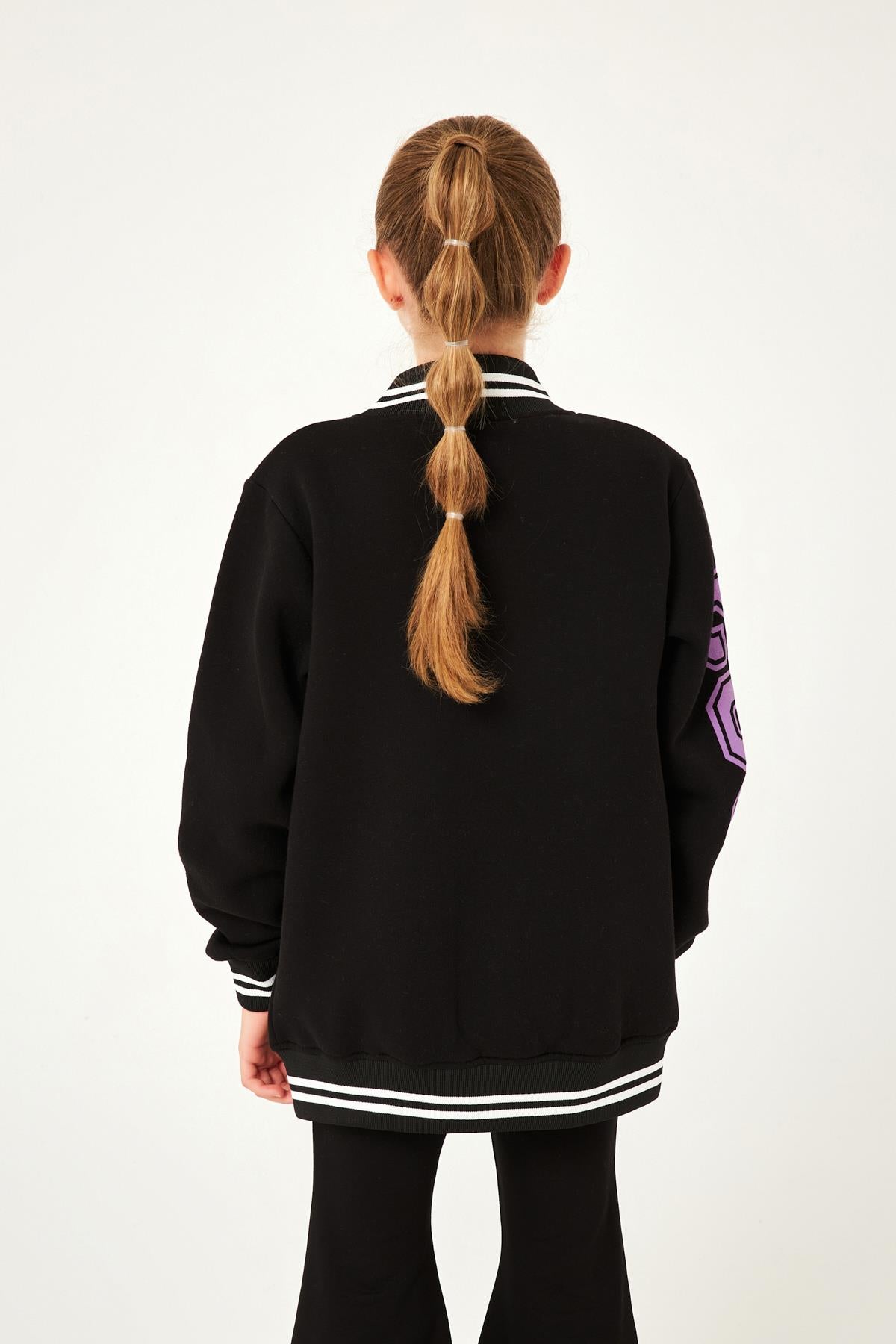 1992 Baskı Detaylı Kız Çocuk Kolej Ceket Siyah - Perendi