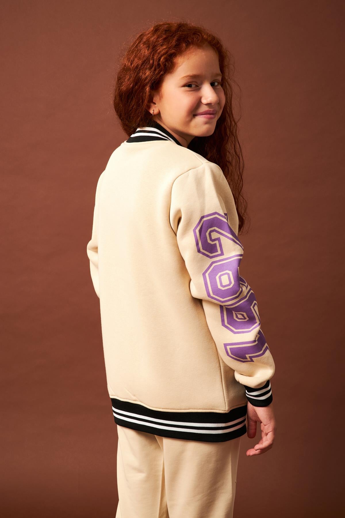 1992 Baskı Detaylı Kız Çocuk Kolej Ceket Taş - Perendi