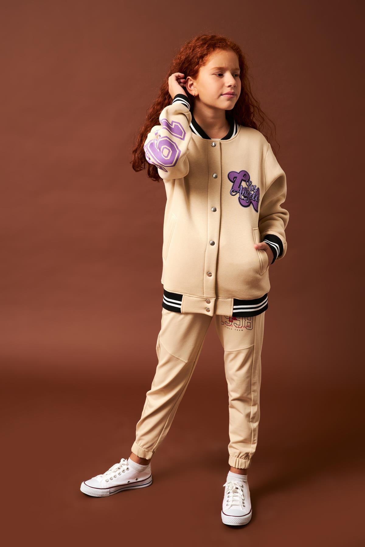 1992 Baskı Detaylı Kız Çocuk Kolej Ceket Taş - Perendi