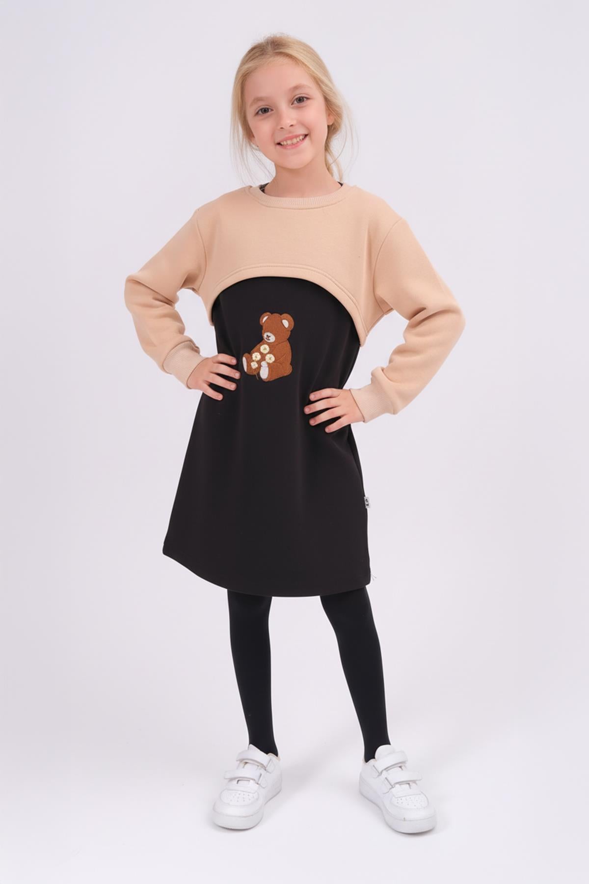 Kız Çocuk Ayıcık Nakışlı Elbise ve Crop Sweatshirt