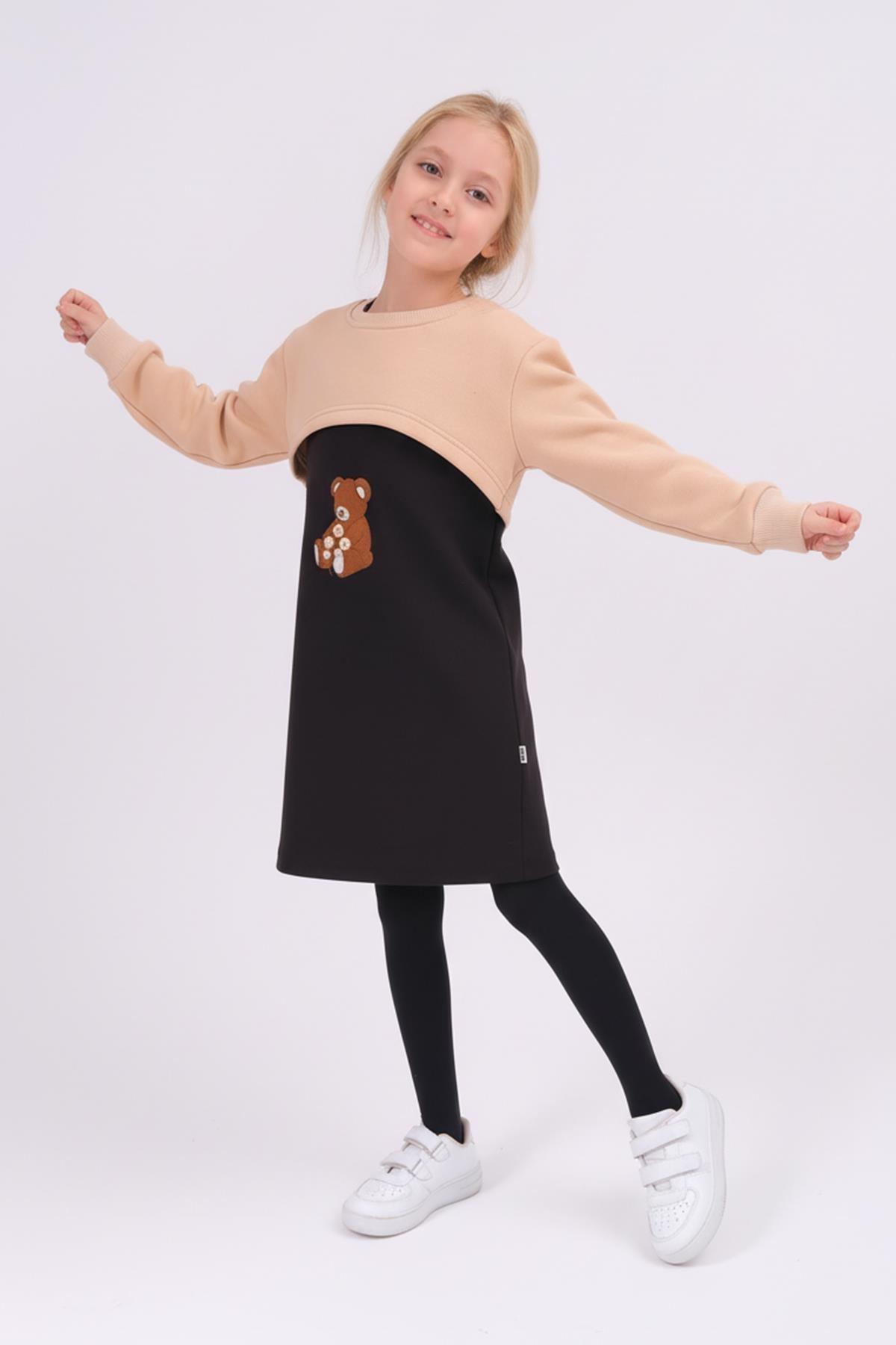 Kız Çocuk Ayıcık Nakışlı Elbise ve Crop Sweatshirt