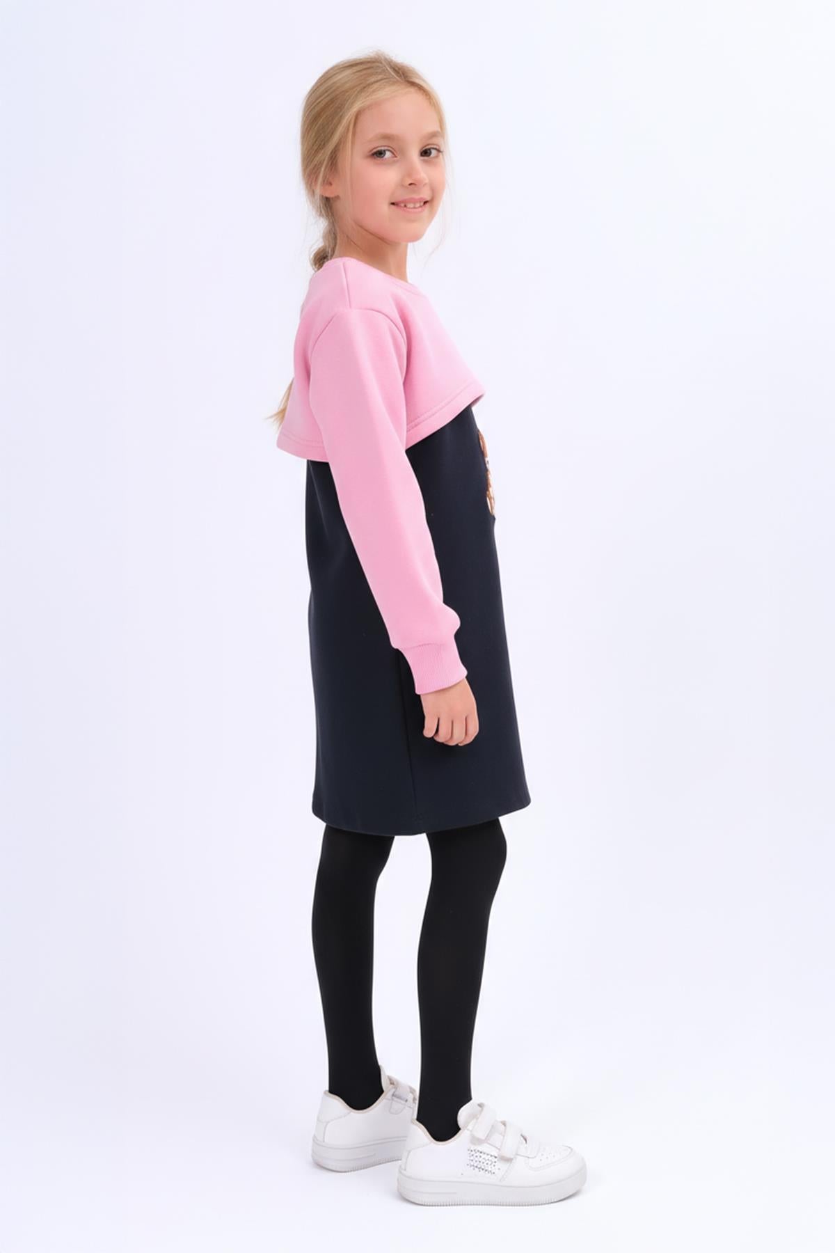 Kız Çocuk Ayıcık Nakışlı Elbise ve Crop Sweatshirt