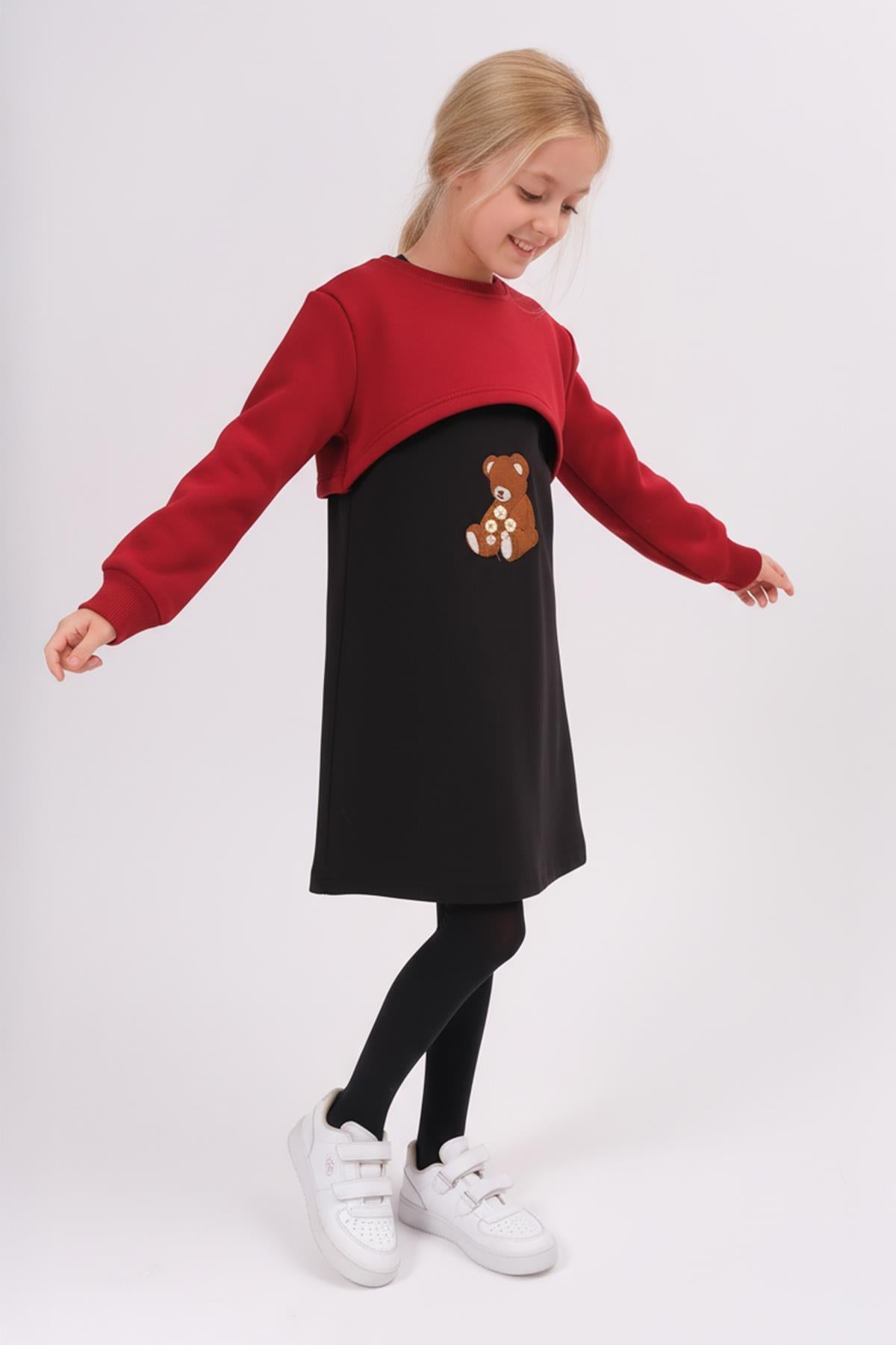 Kız Çocuk Ayıcık Nakışlı Elbise ve Crop Sweatshirt