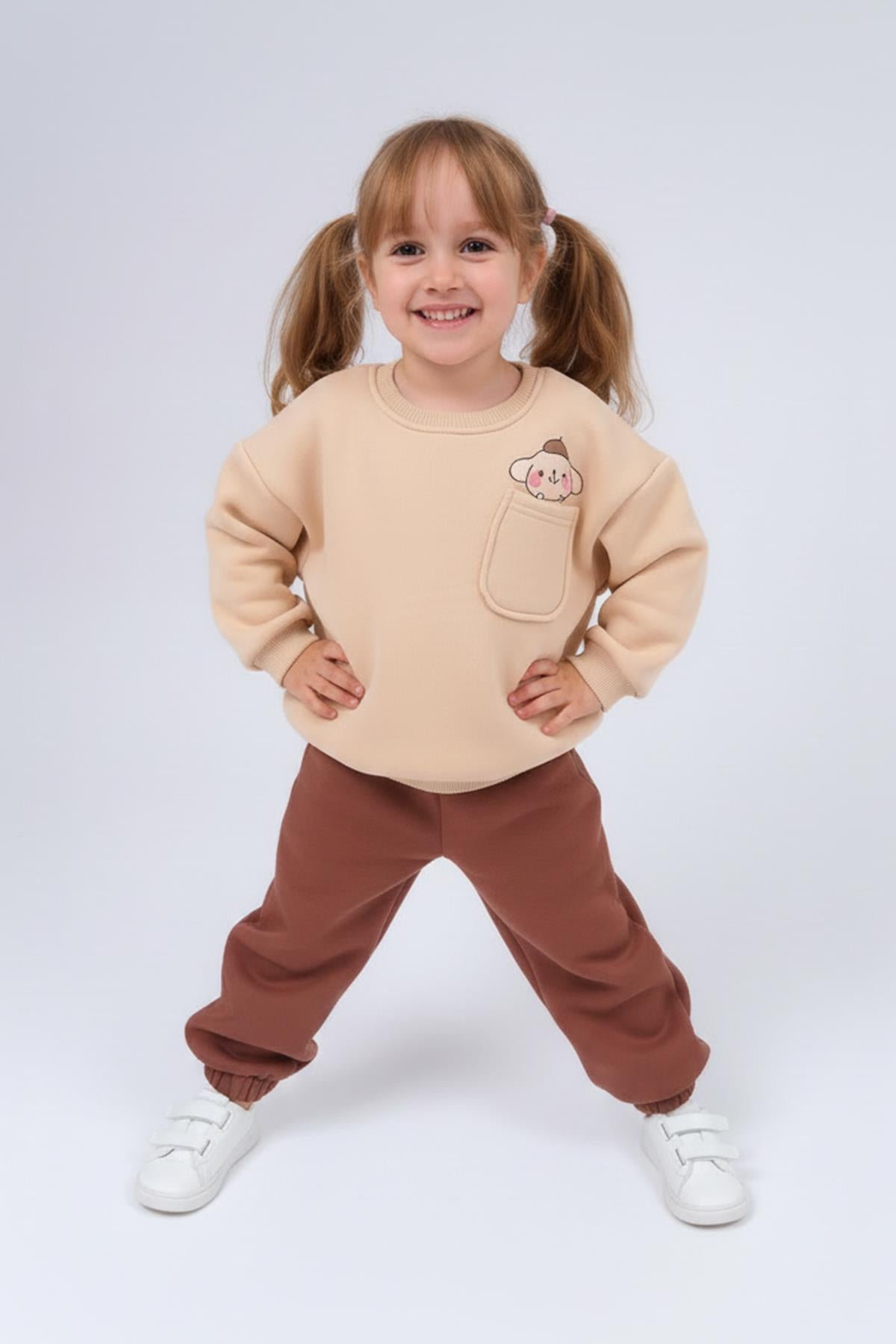 Kız Çocuk Bisiklet Yaka Baskı Detaylı Sweatshirt ve İçi Polarlı Jogger Alt Takım