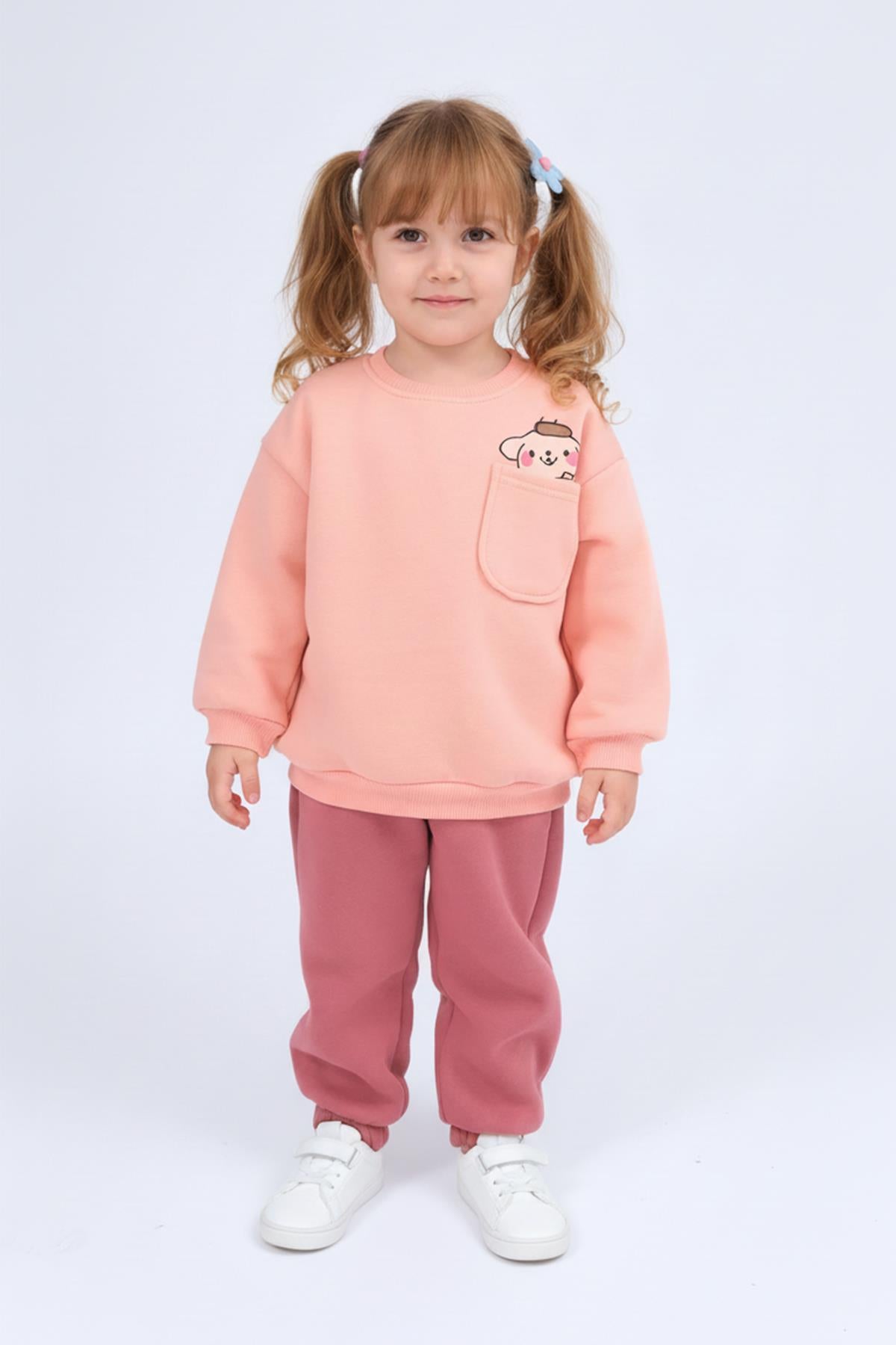 Kız Çocuk Bisiklet Yaka Baskı Detaylı Sweatshirt ve İçi Polarlı Jogger Alt Takım