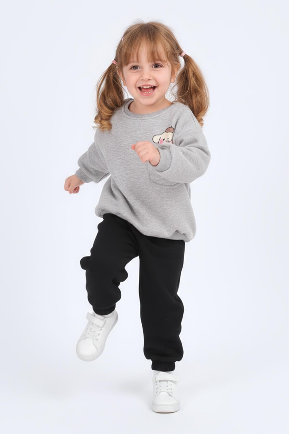 Kız Çocuk Bisiklet Yaka Baskı Detaylı Sweatshirt ve İçi Polarlı Jogger Alt Takım