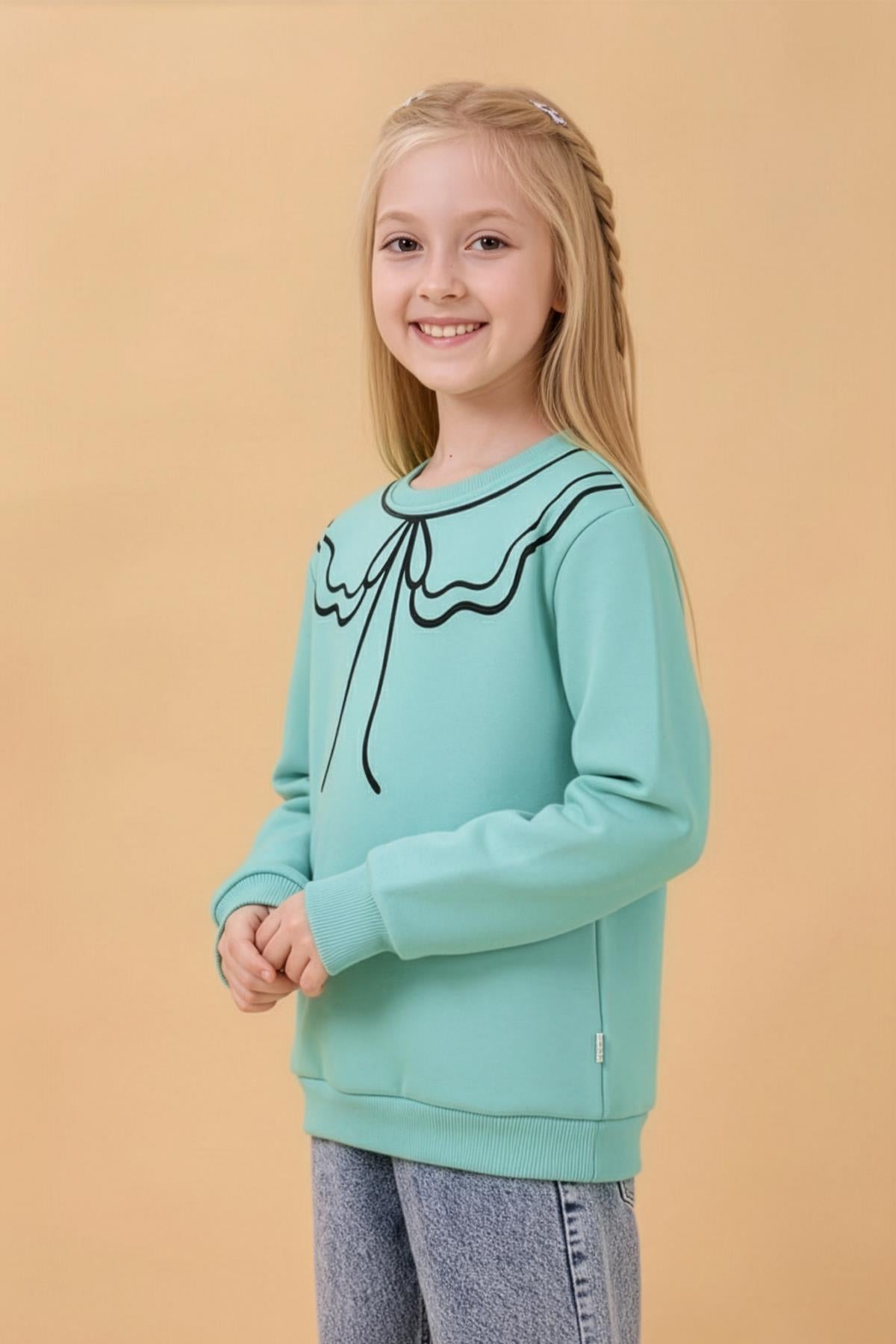 Kız Çocuk Bisiklet Yaka Baskılı Şardonlu Kışlık Sweatshirt