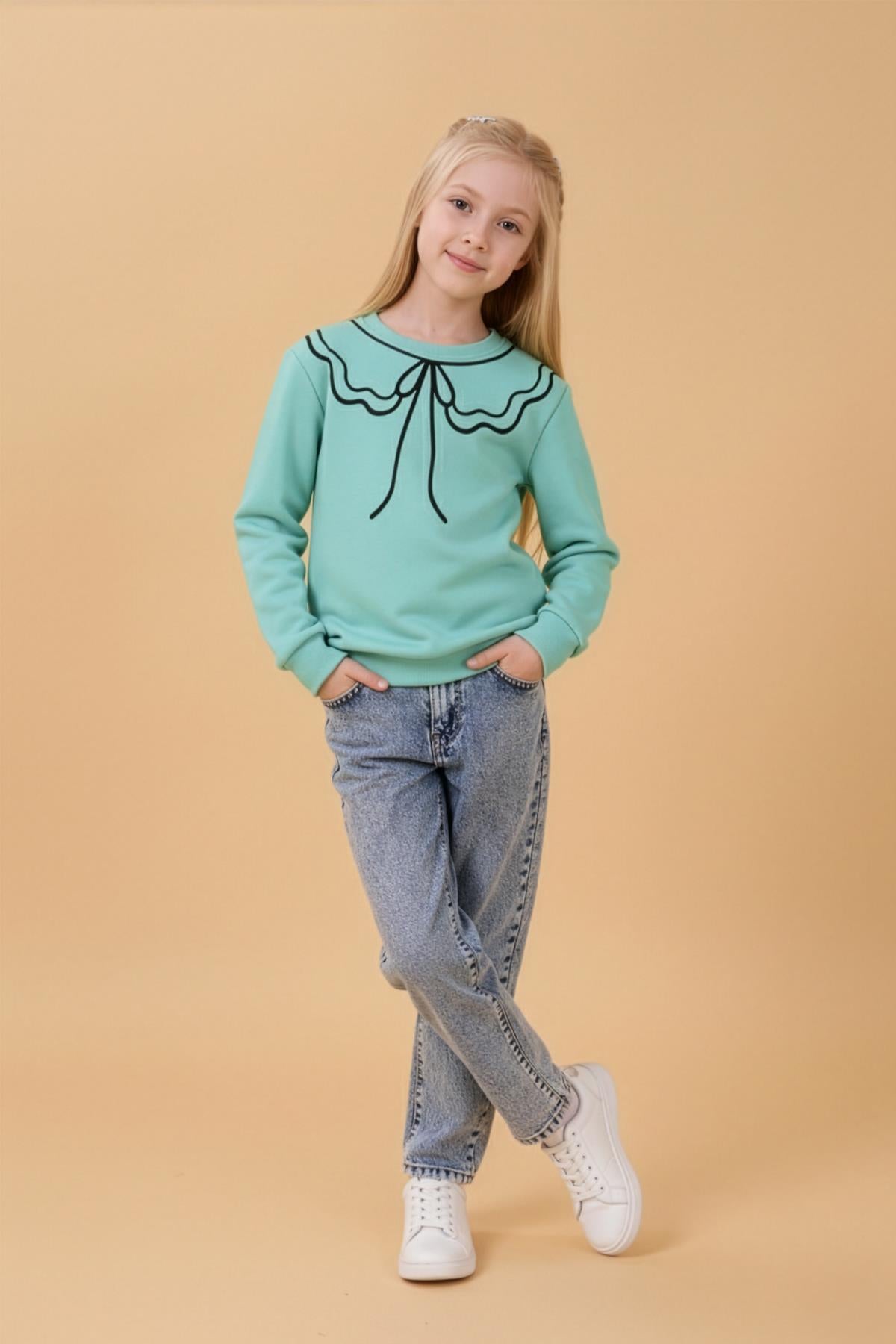 Kız Çocuk Bisiklet Yaka Baskılı Şardonlu Kışlık Sweatshirt