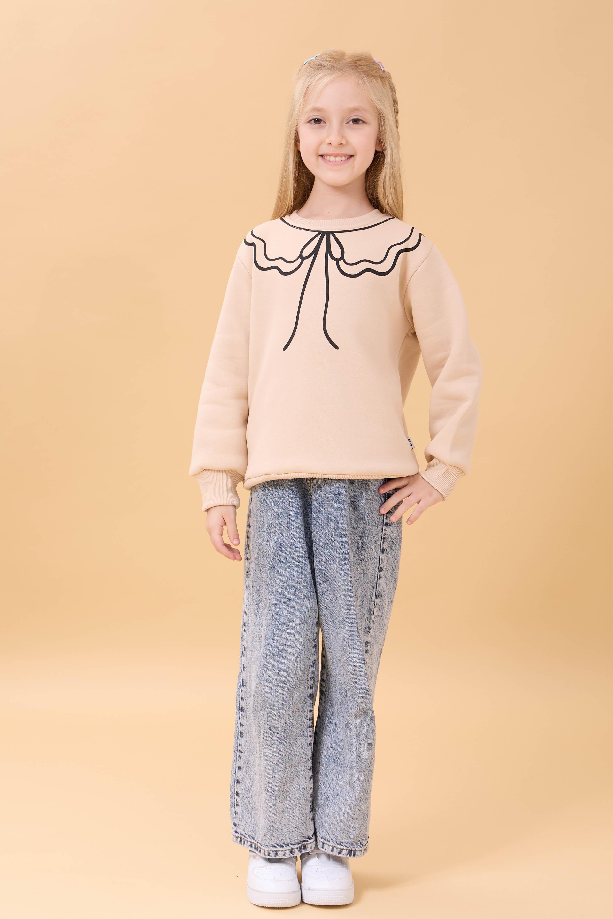 Kız Çocuk Bisiklet Yaka Baskılı Şardonlu Kışlık Sweatshirt