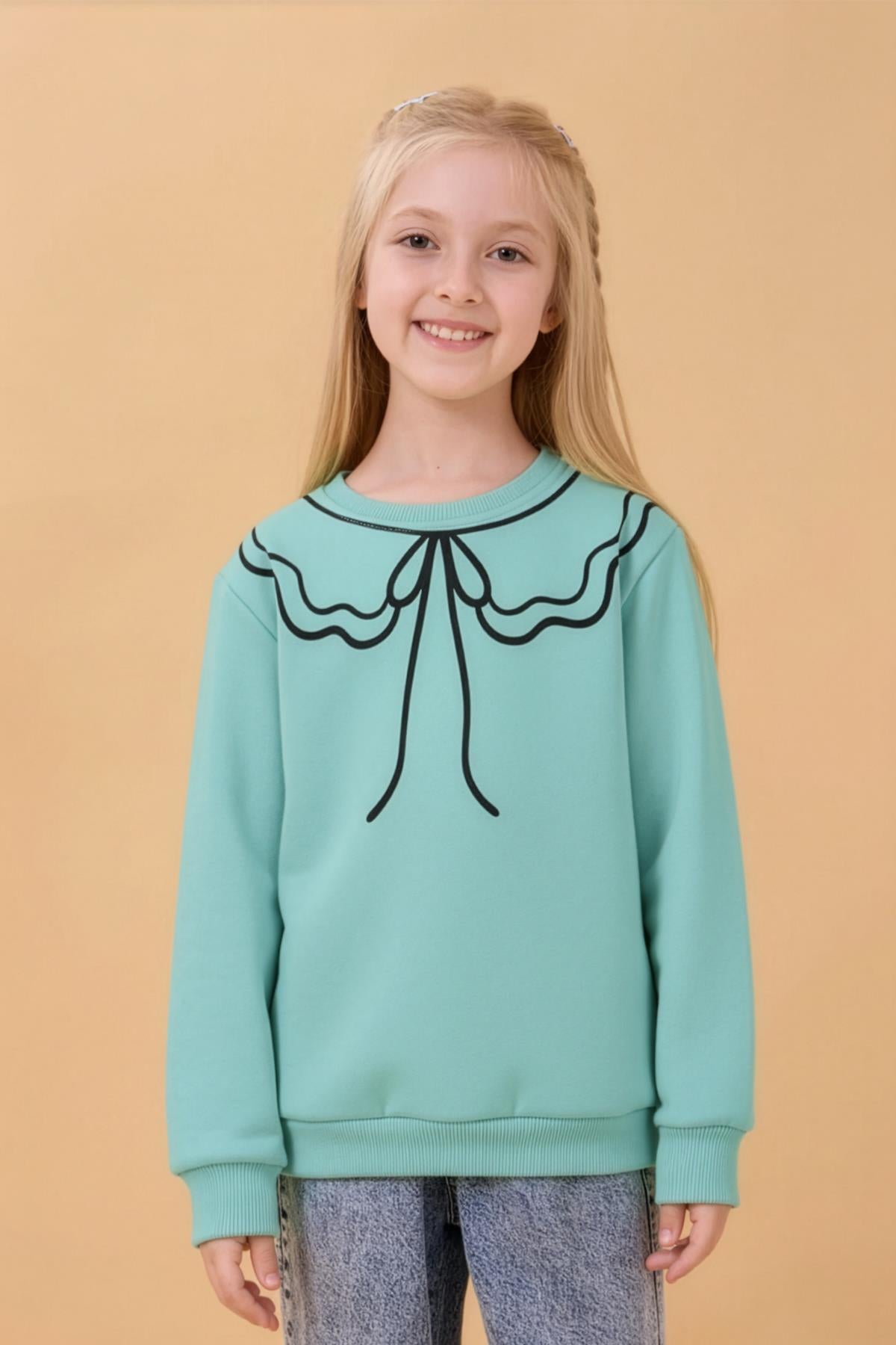 Kız Çocuk Bisiklet Yaka Baskılı Şardonlu Kışlık Sweatshirt - Çağla