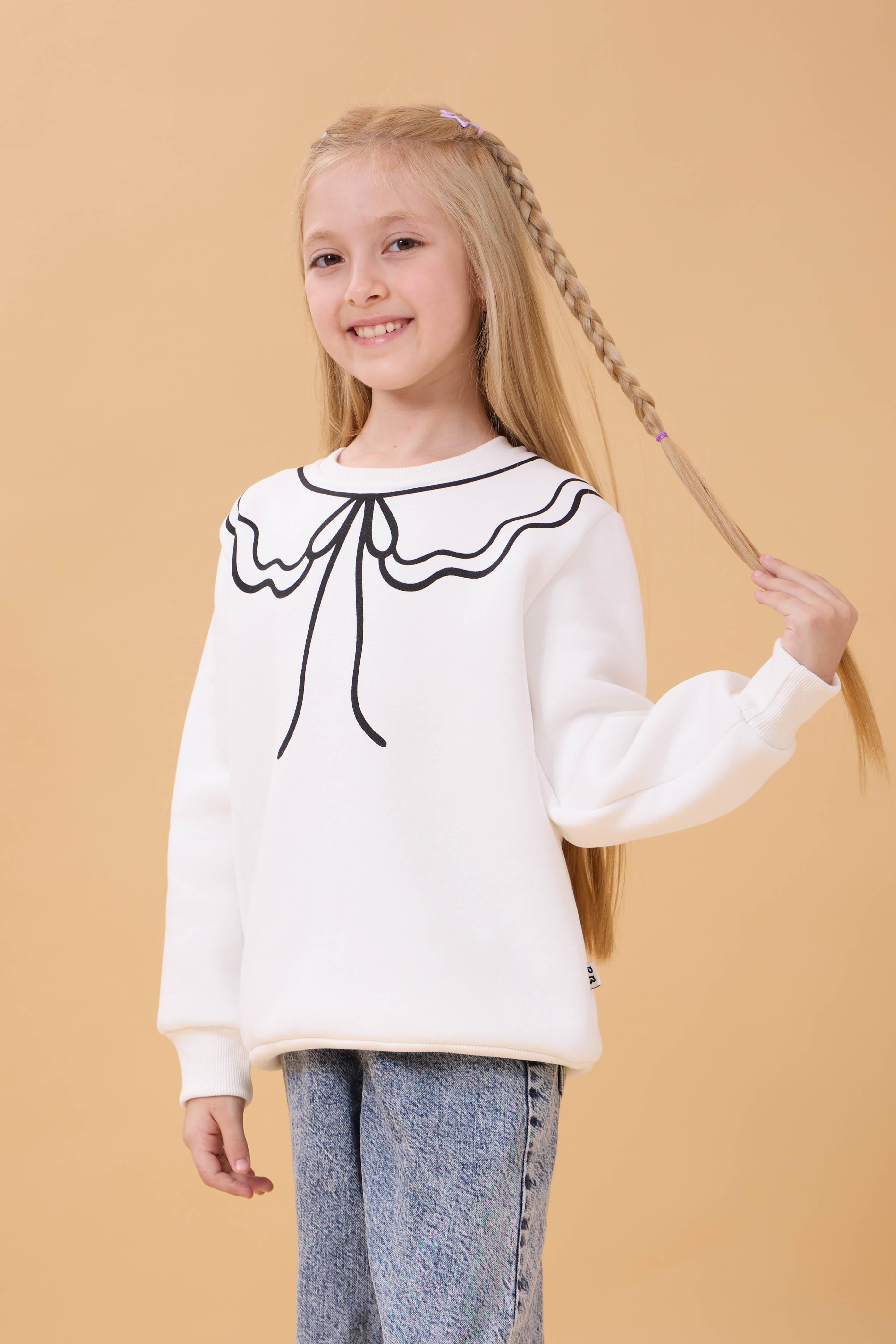 Kız Çocuk Bisiklet Yaka Baskılı Şardonlu Kışlık Sweatshirt - Ekru
