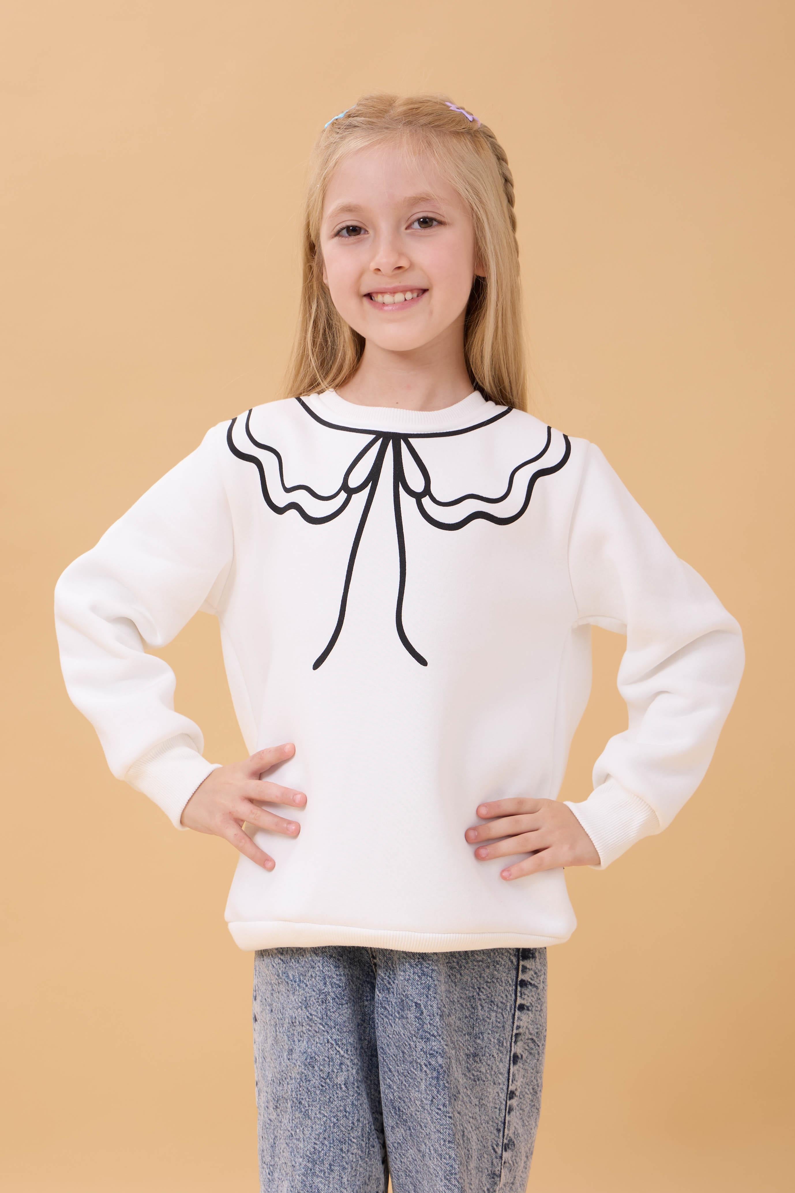 Kız Çocuk Bisiklet Yaka Baskılı Şardonlu Kışlık Sweatshirt - Ekru