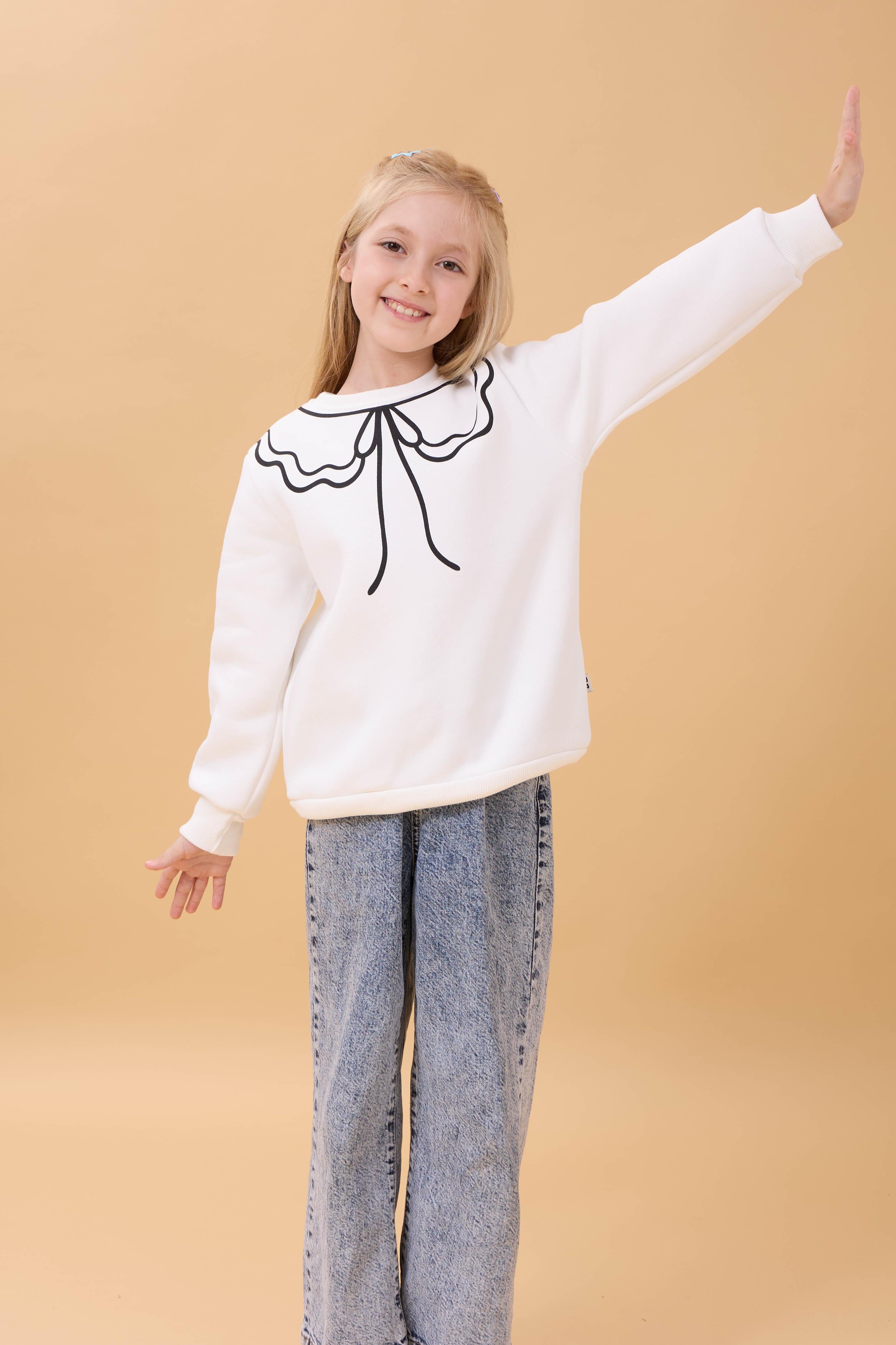 Kız Çocuk Bisiklet Yaka Baskılı Şardonlu Kışlık Sweatshirt - Ekru