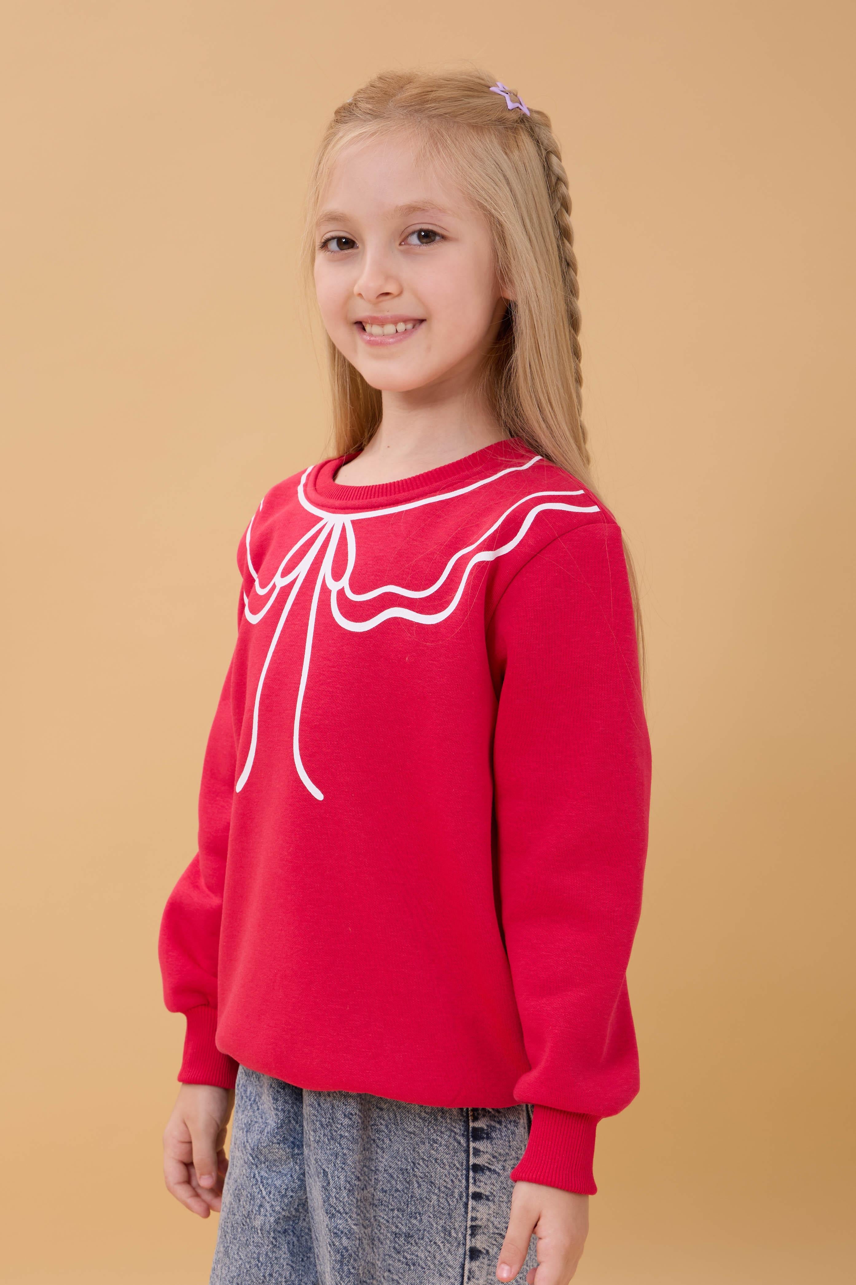 Kız Çocuk Bisiklet Yaka Baskılı Şardonlu Kışlık Sweatshirt - Fuşya