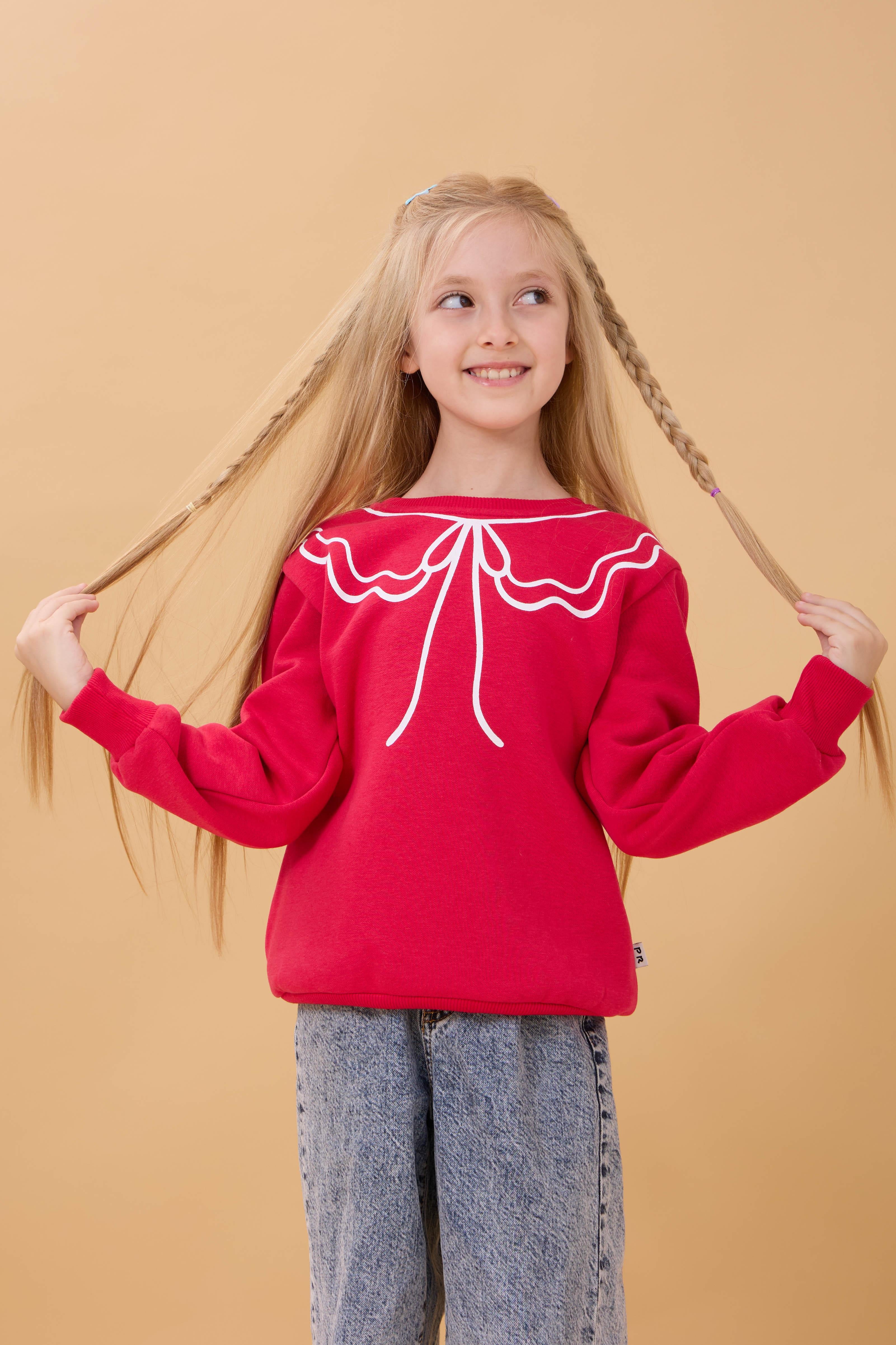 Kız Çocuk Bisiklet Yaka Baskılı Şardonlu Kışlık Sweatshirt - Fuşya