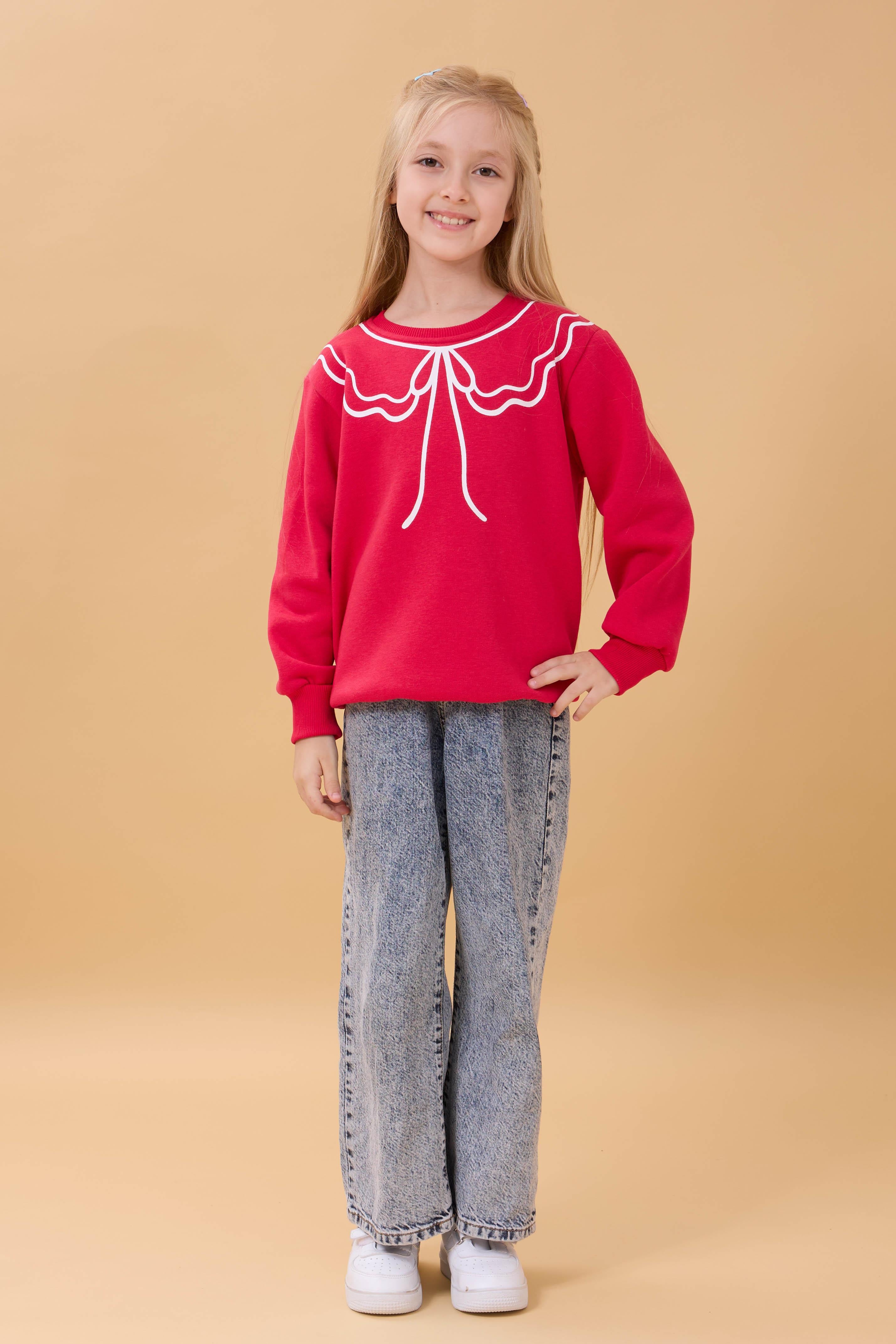 Kız Çocuk Bisiklet Yaka Baskılı Şardonlu Kışlık Sweatshirt - Fuşya
