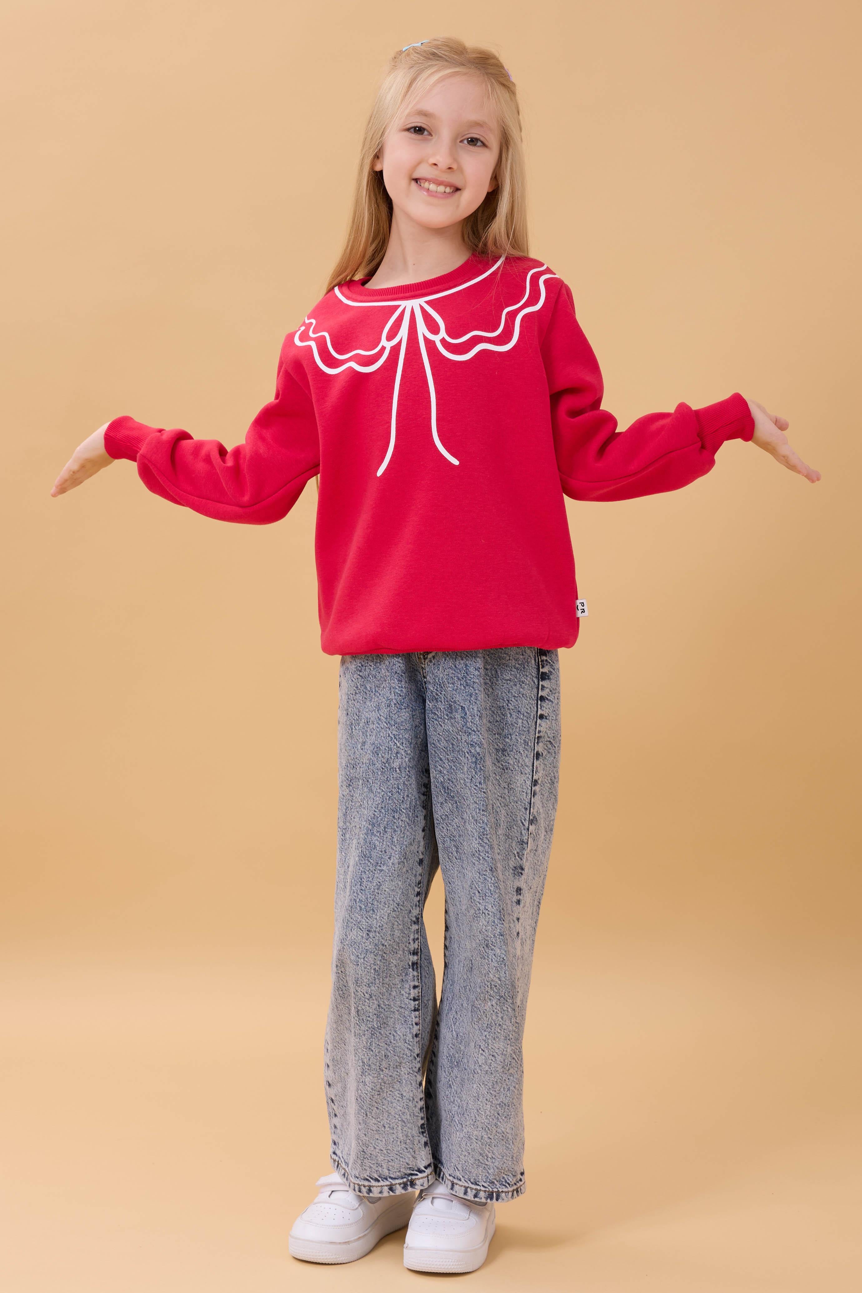 Kız Çocuk Bisiklet Yaka Baskılı Şardonlu Kışlık Sweatshirt - Fuşya