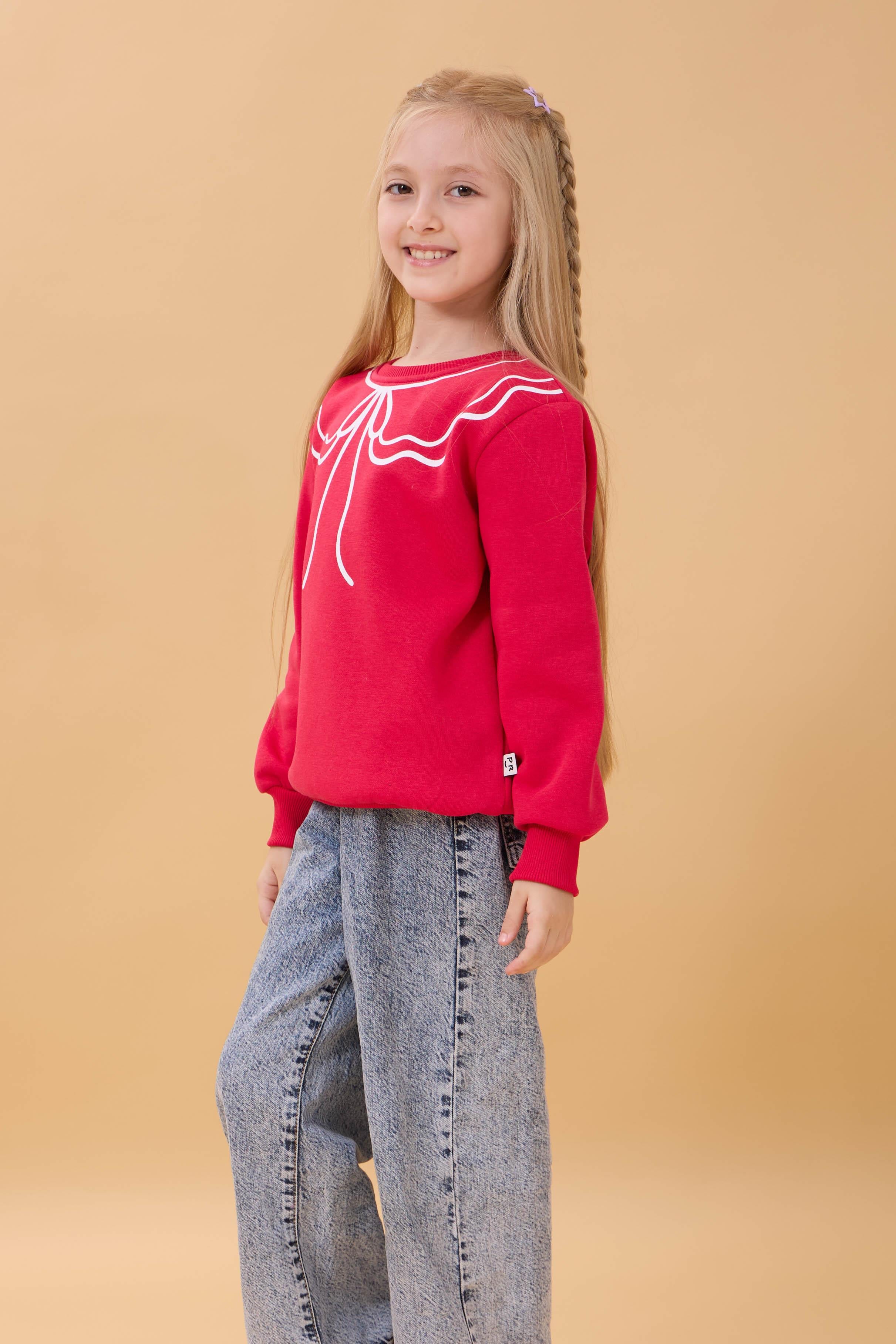 Kız Çocuk Bisiklet Yaka Baskılı Şardonlu Kışlık Sweatshirt - Fuşya