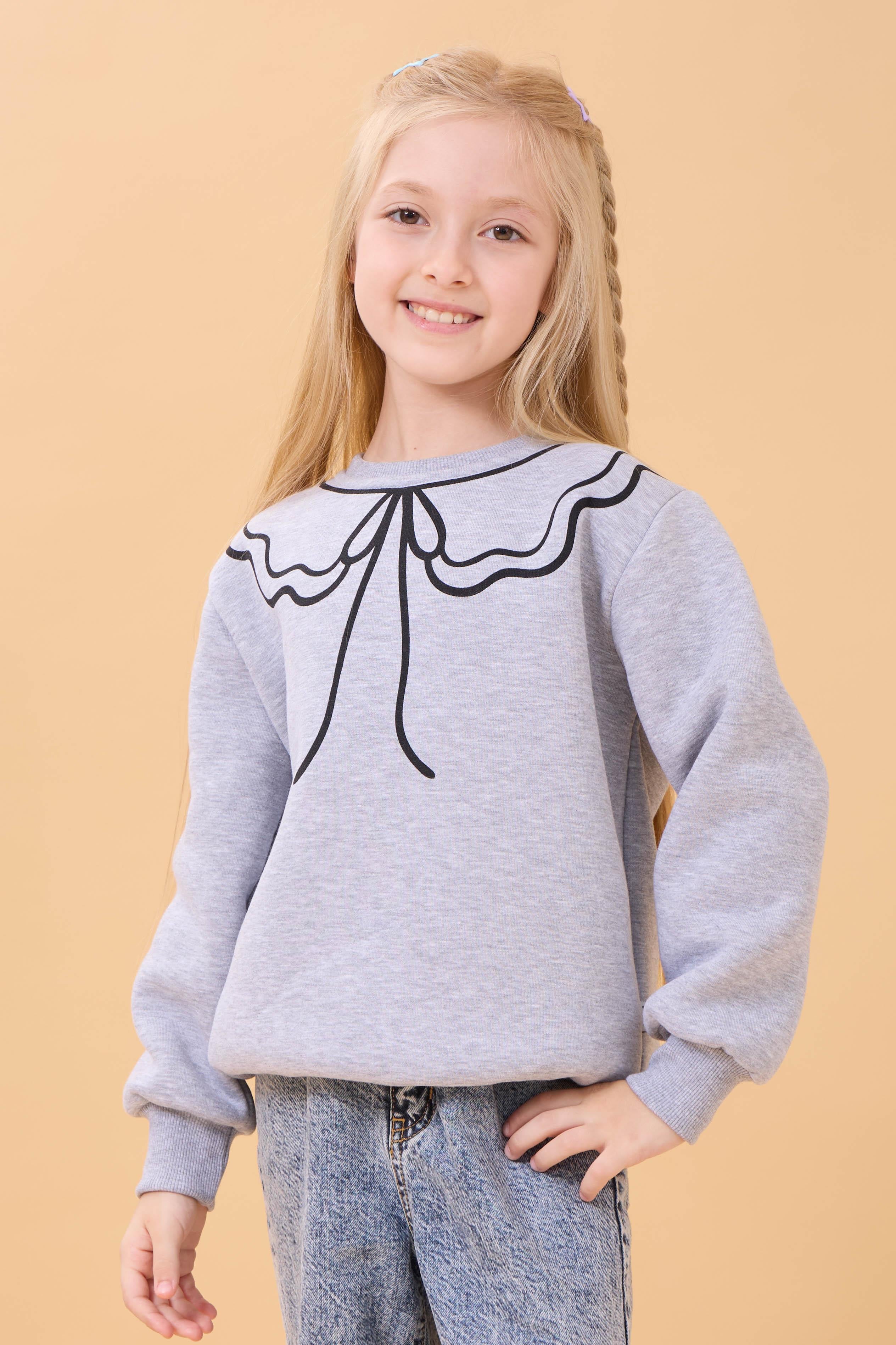 Kız Çocuk Bisiklet Yaka Baskılı Şardonlu Kışlık Sweatshirt - Gri