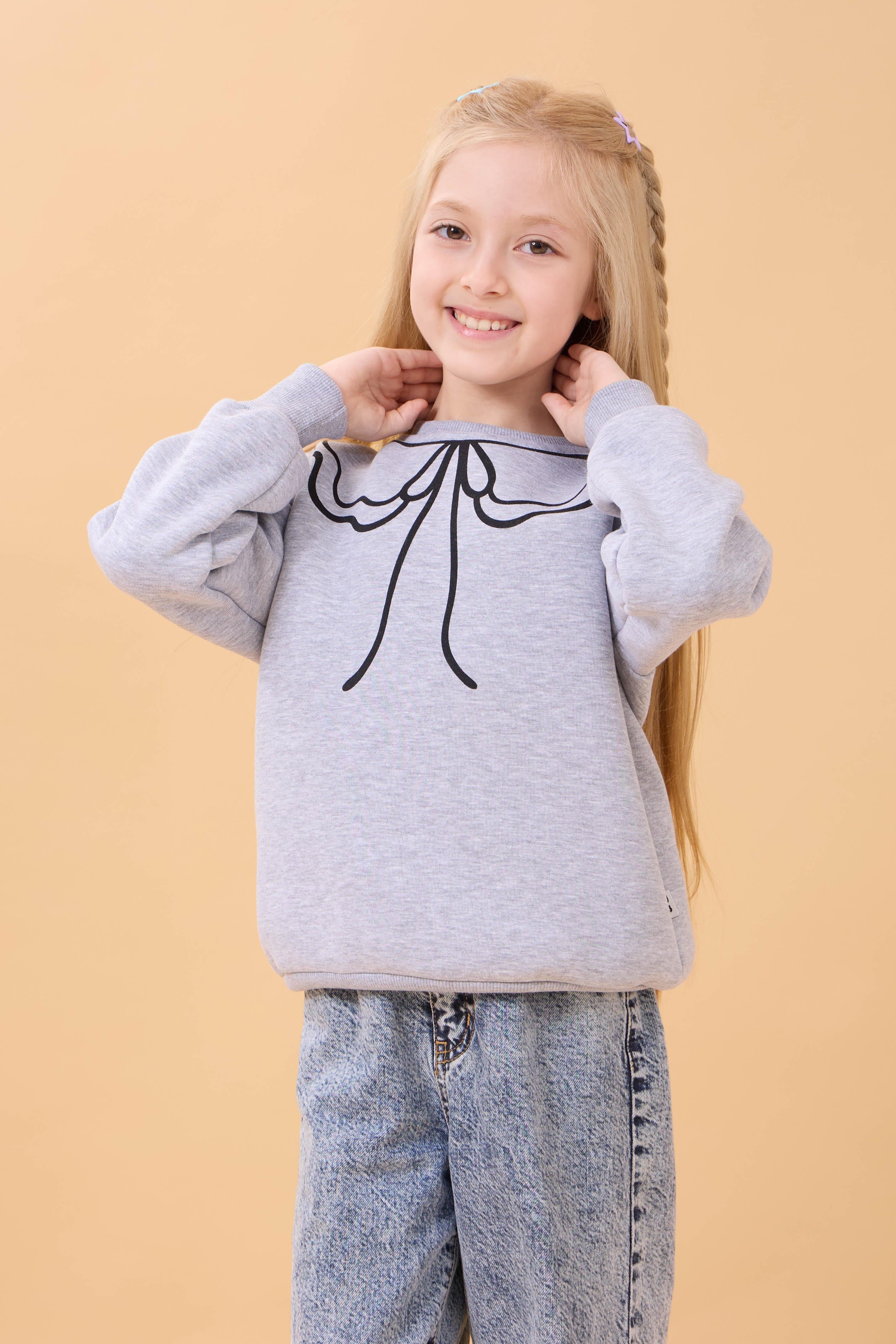 Kız Çocuk Bisiklet Yaka Baskılı Şardonlu Kışlık Sweatshirt - Gri
