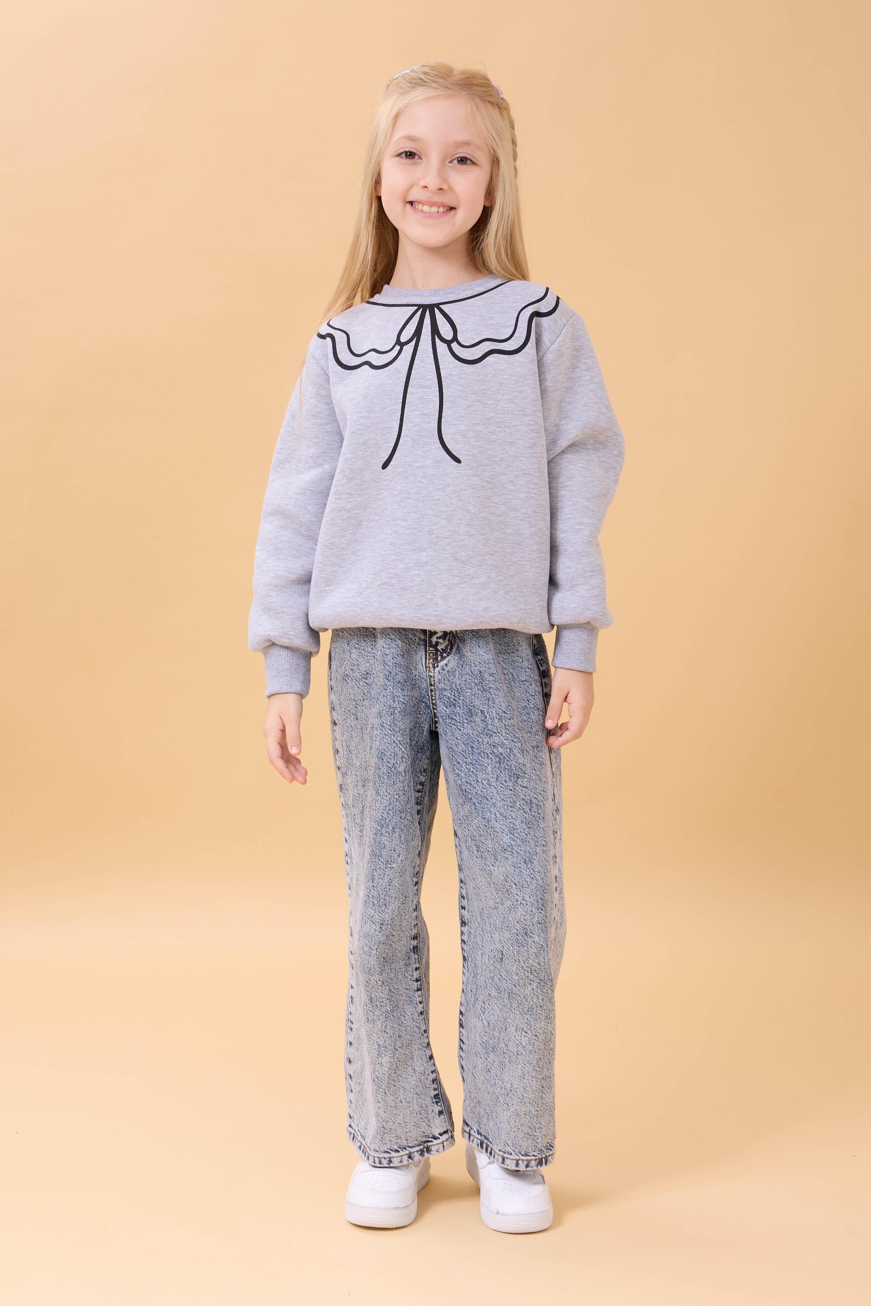 Kız Çocuk Bisiklet Yaka Baskılı Şardonlu Kışlık Sweatshirt - Gri