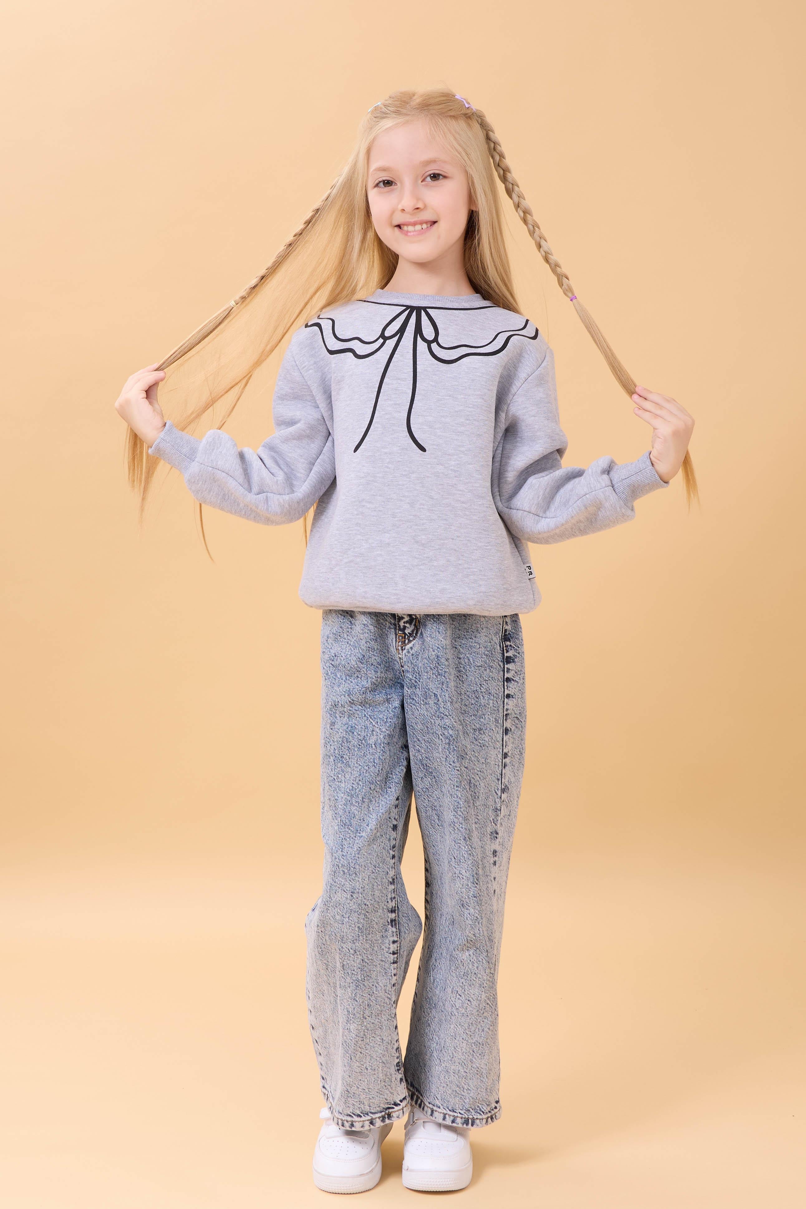 Kız Çocuk Bisiklet Yaka Baskılı Şardonlu Kışlık Sweatshirt - Gri