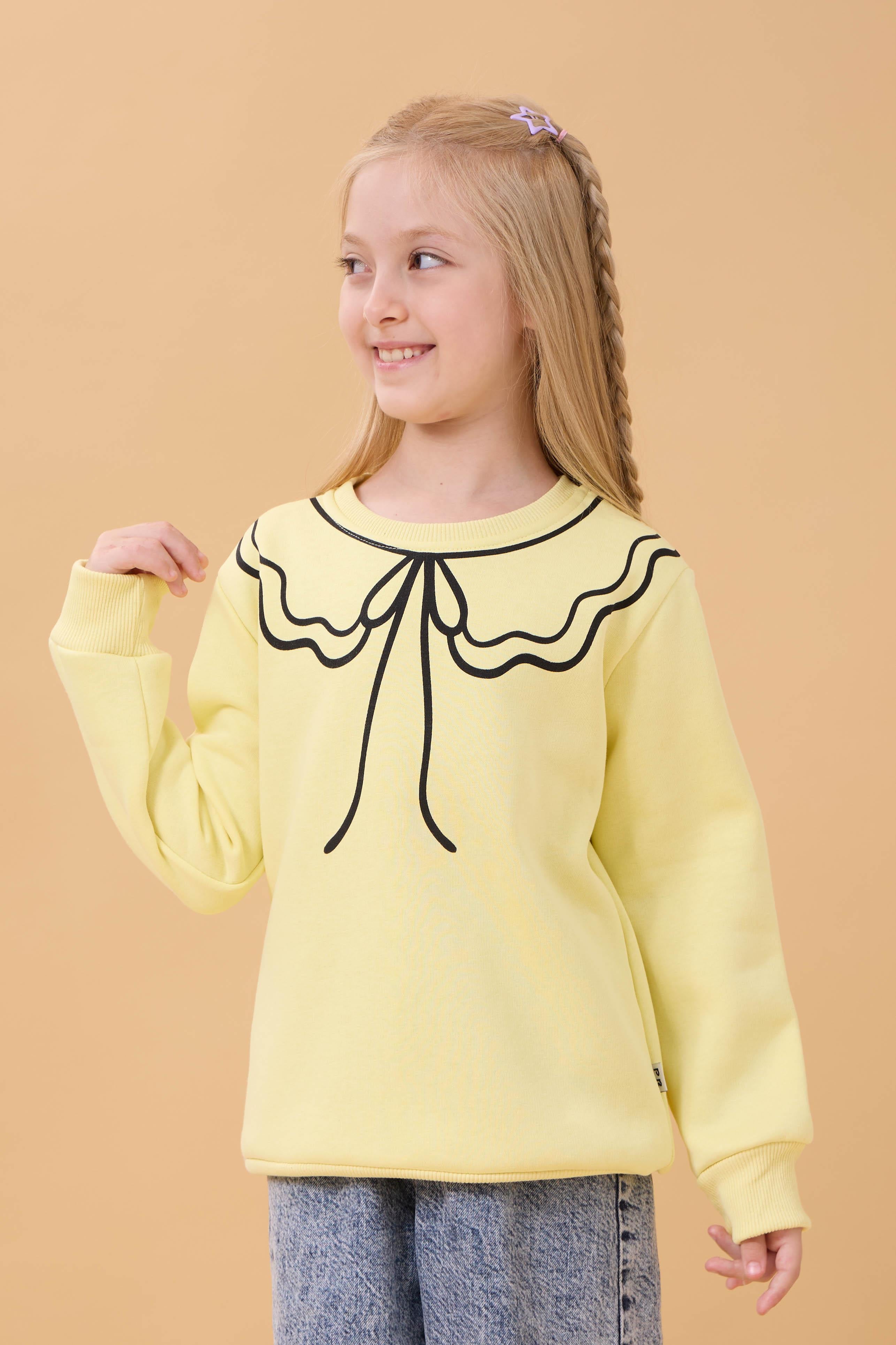 Kız Çocuk Bisiklet Yaka Baskılı Şardonlu Kışlık Sweatshirt - Sarı