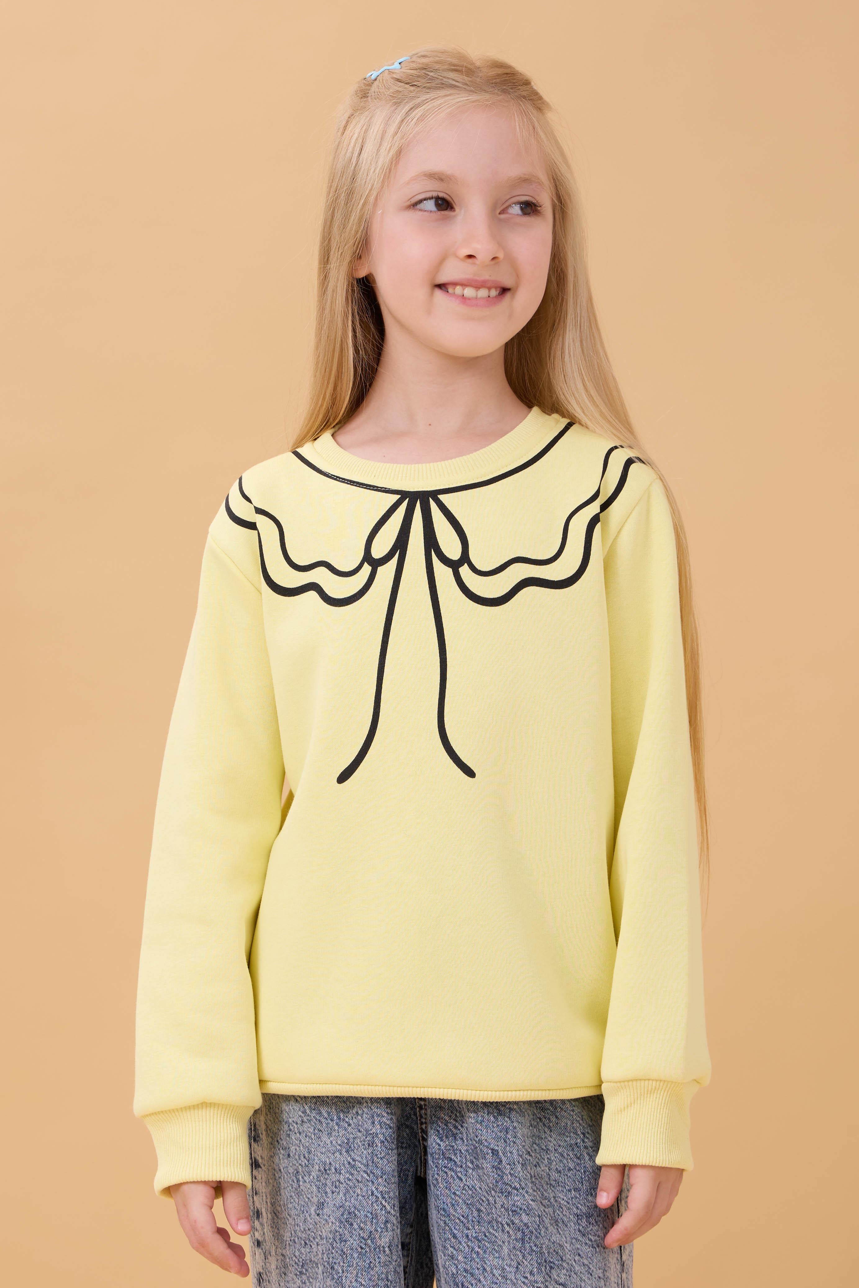 Kız Çocuk Bisiklet Yaka Baskılı Şardonlu Kışlık Sweatshirt - Sarı