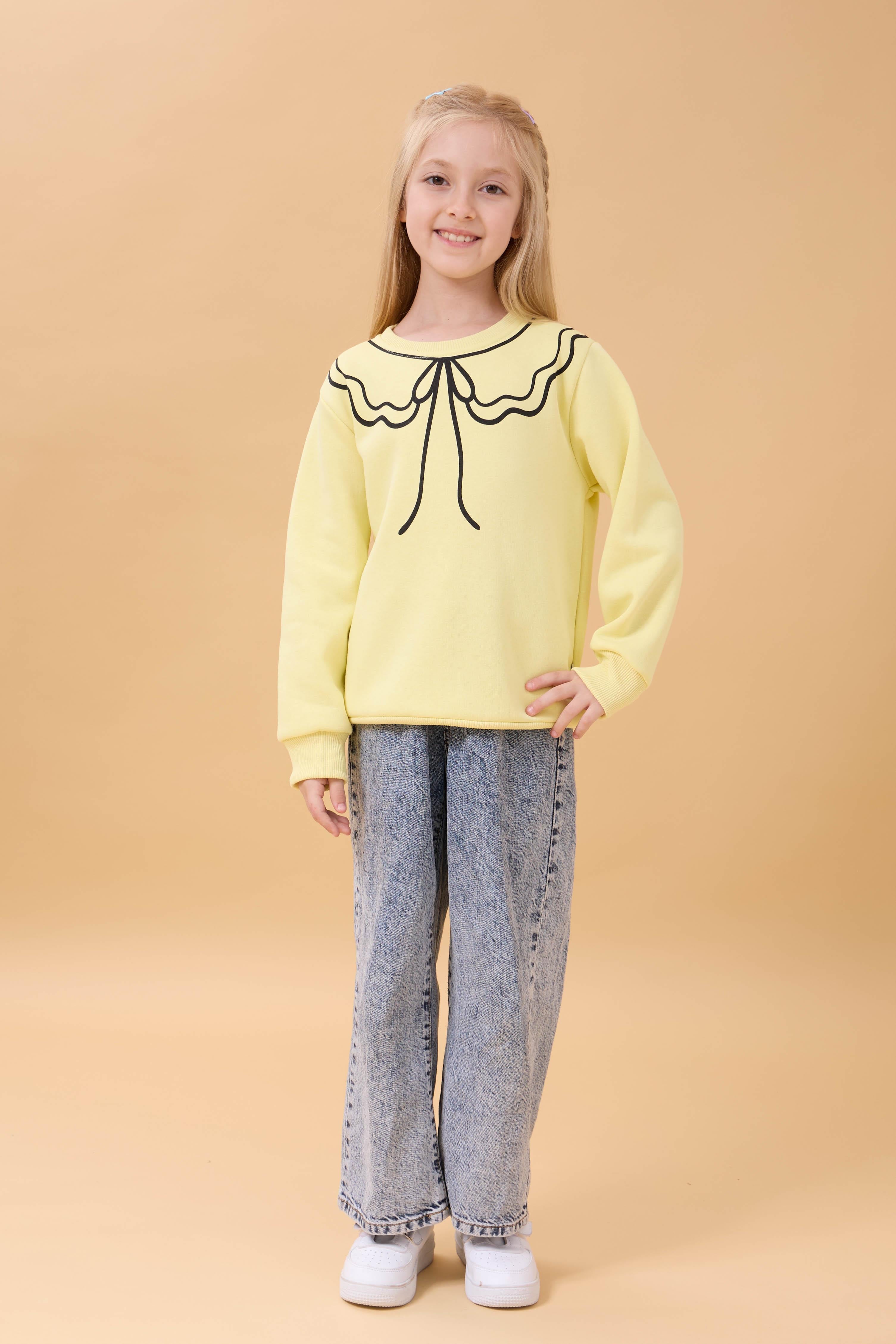 Kız Çocuk Bisiklet Yaka Baskılı Şardonlu Kışlık Sweatshirt - Sarı