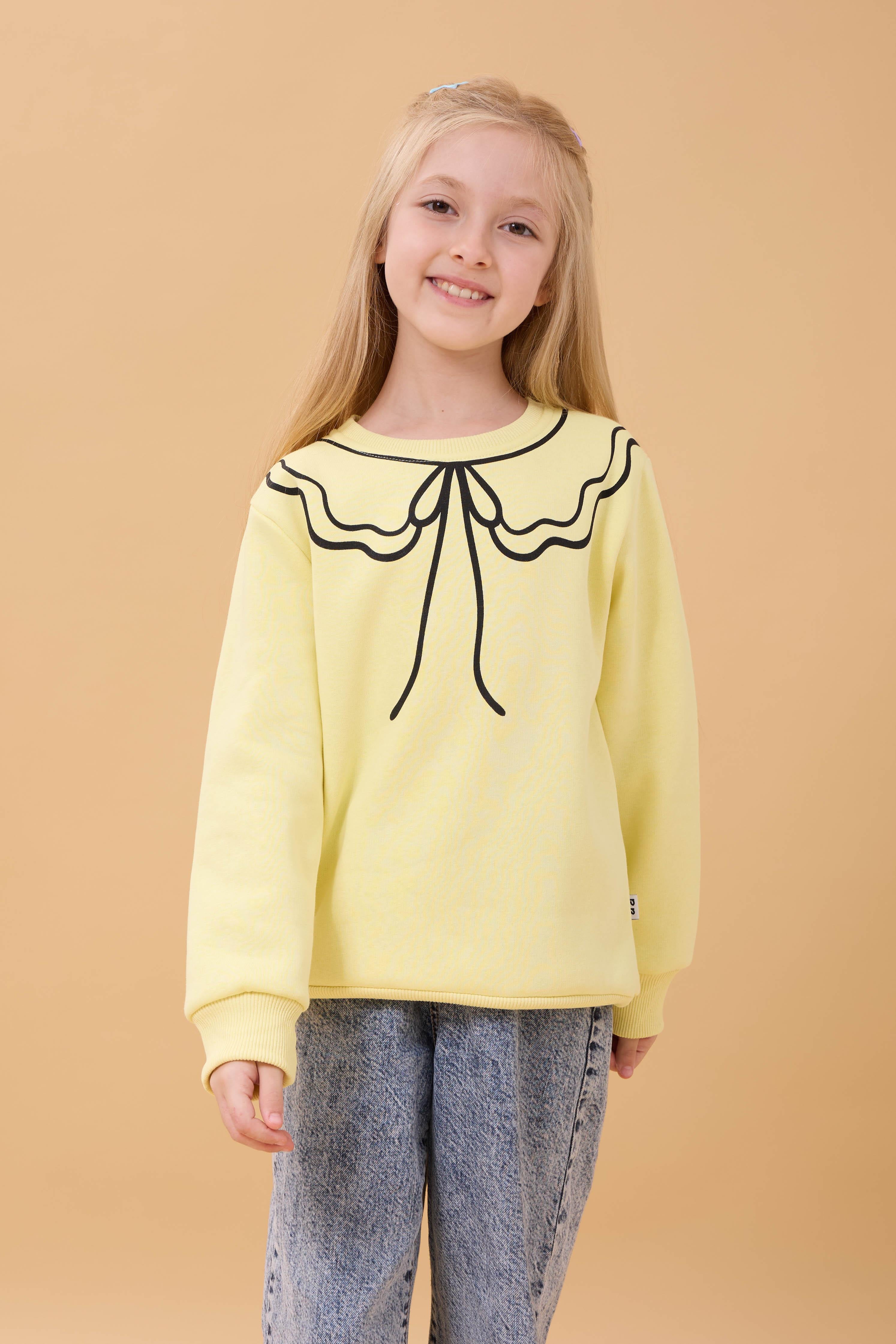 Kız Çocuk Bisiklet Yaka Baskılı Şardonlu Kışlık Sweatshirt - Sarı
