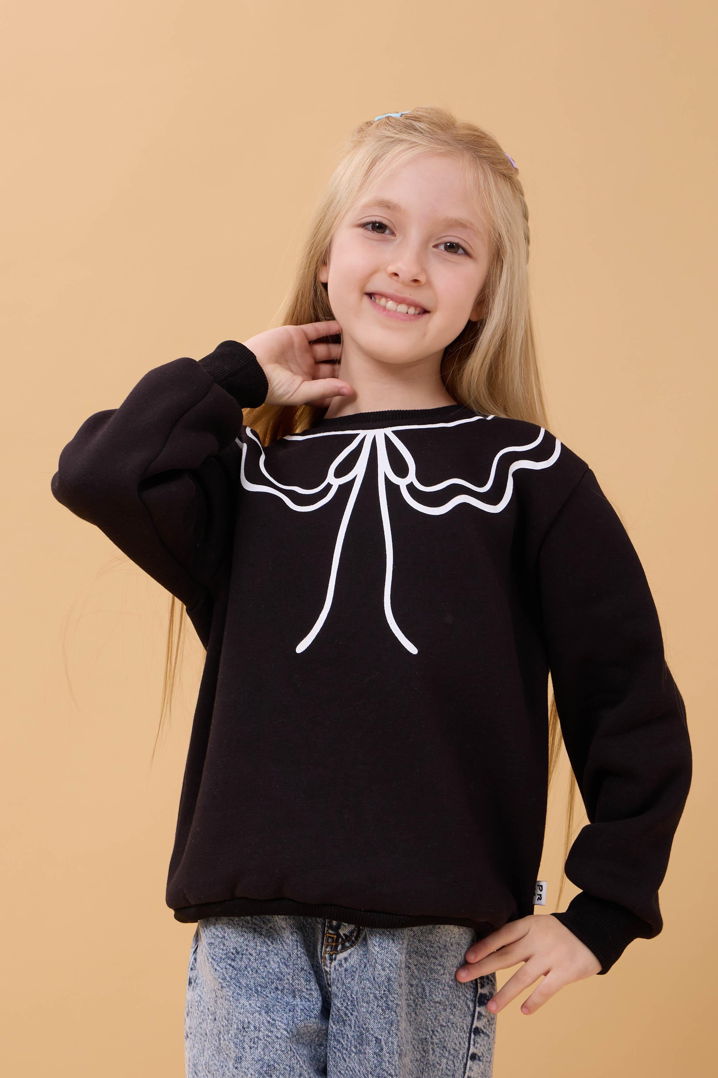 Kız Çocuk Bisiklet Yaka Baskılı Şardonlu Kışlık Sweatshirt - Siyah