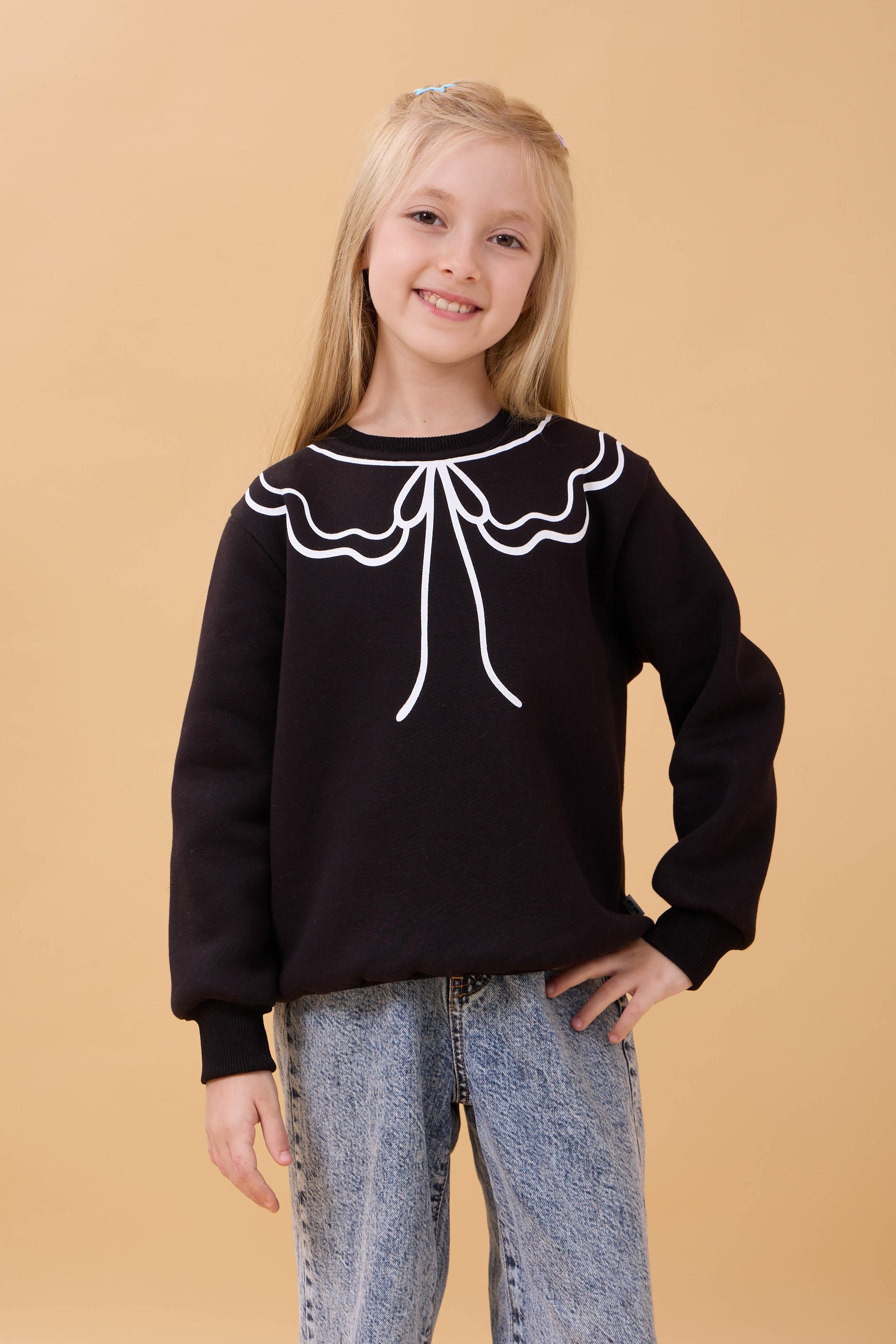 Kız Çocuk Bisiklet Yaka Baskılı Şardonlu Kışlık Sweatshirt - Siyah